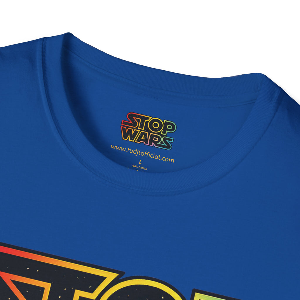 fudjt "STOP WARS" Retro Rainbow Anti-War Everyday Soft & Stylish Tee | Front & Back Graphic, Gold fudjt | 7 Colors
