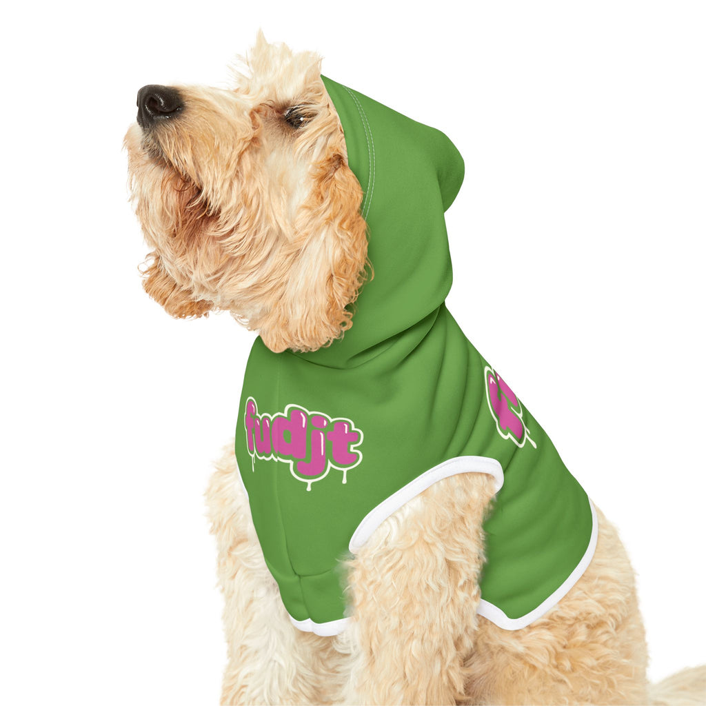 Green fudjt Pet Hoodie with Pink Drip Design