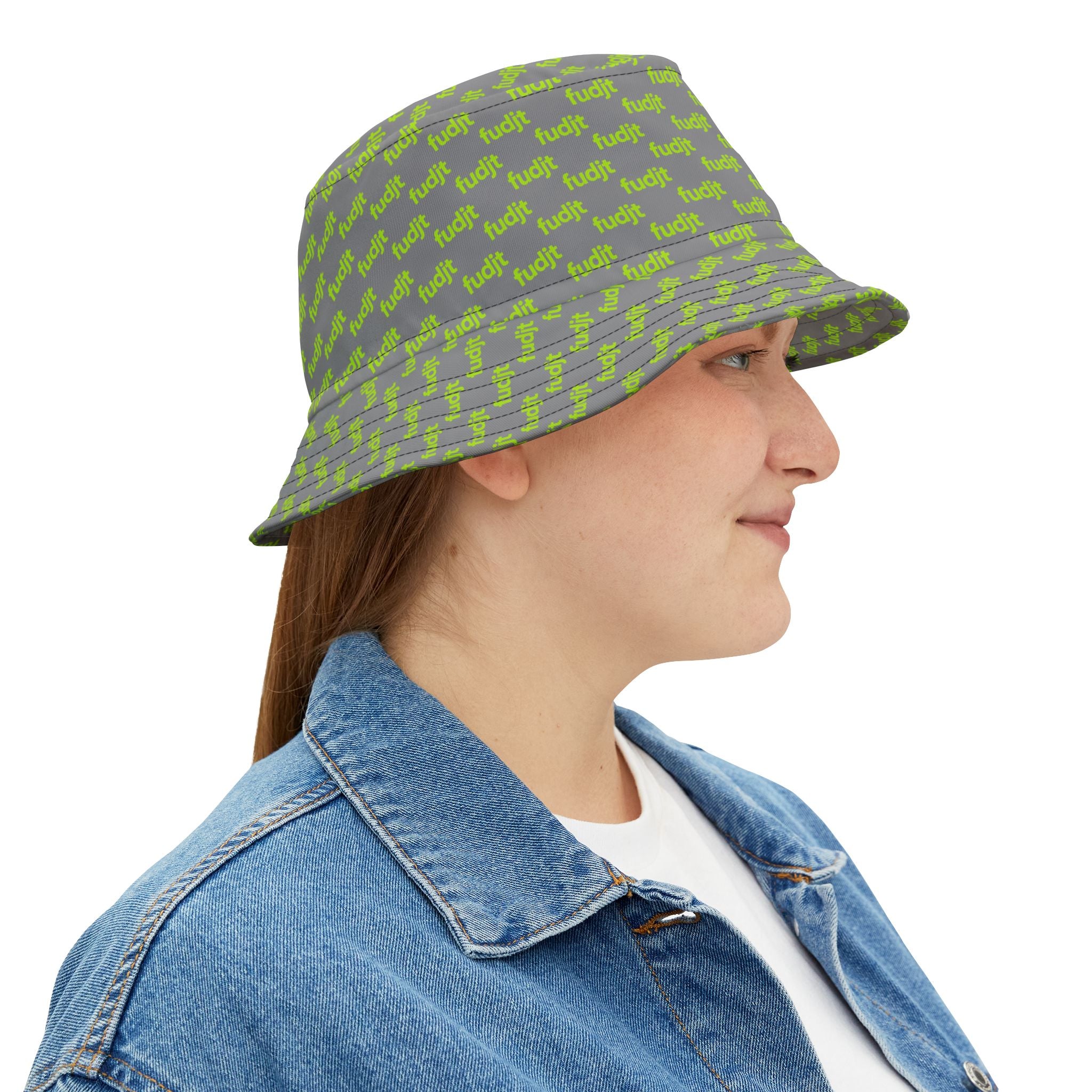 Trendy Lime Green fudjt All Over on Gray Bucket Hat
