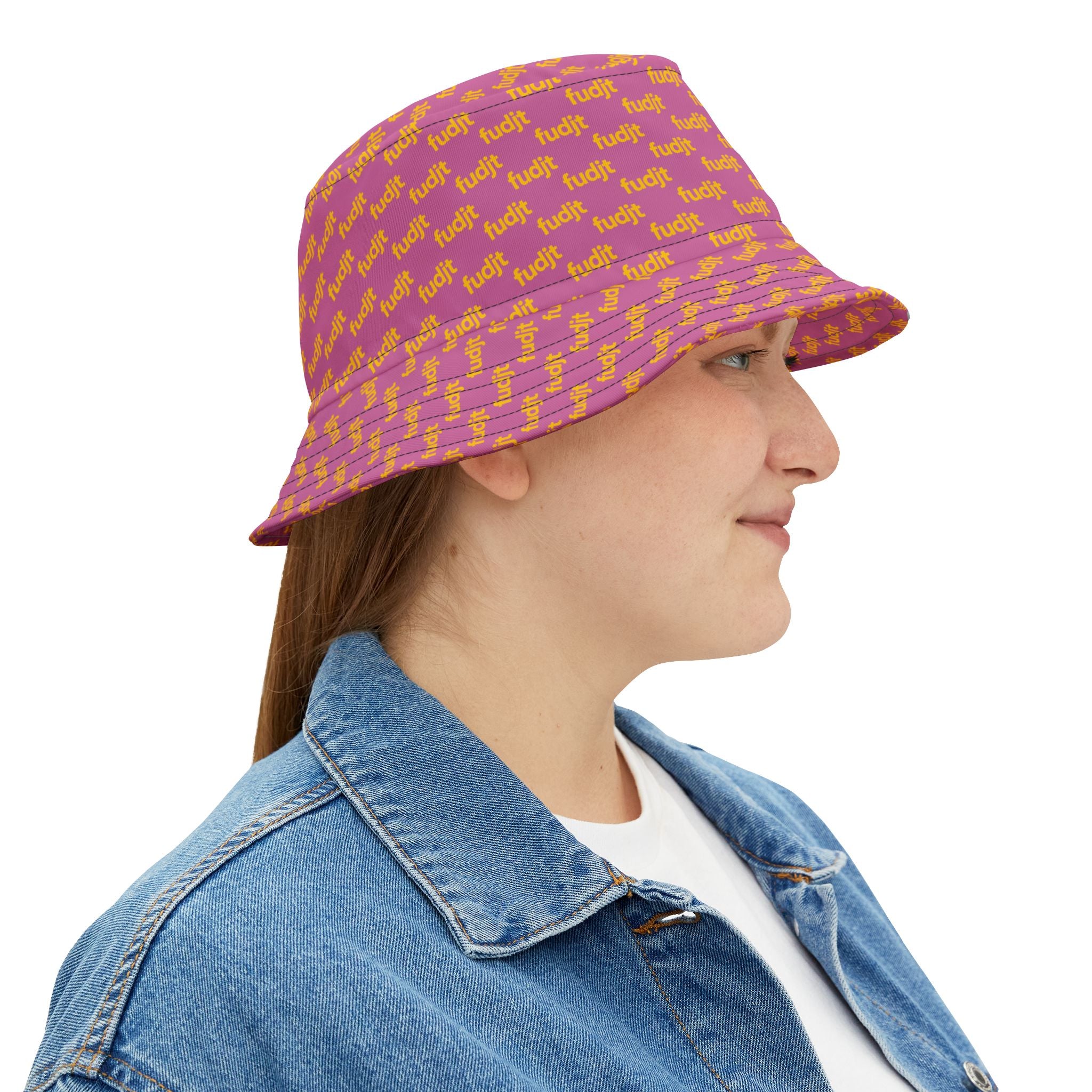 Trendy Yellow fudjt All Over on Light Pink Bucket Hat