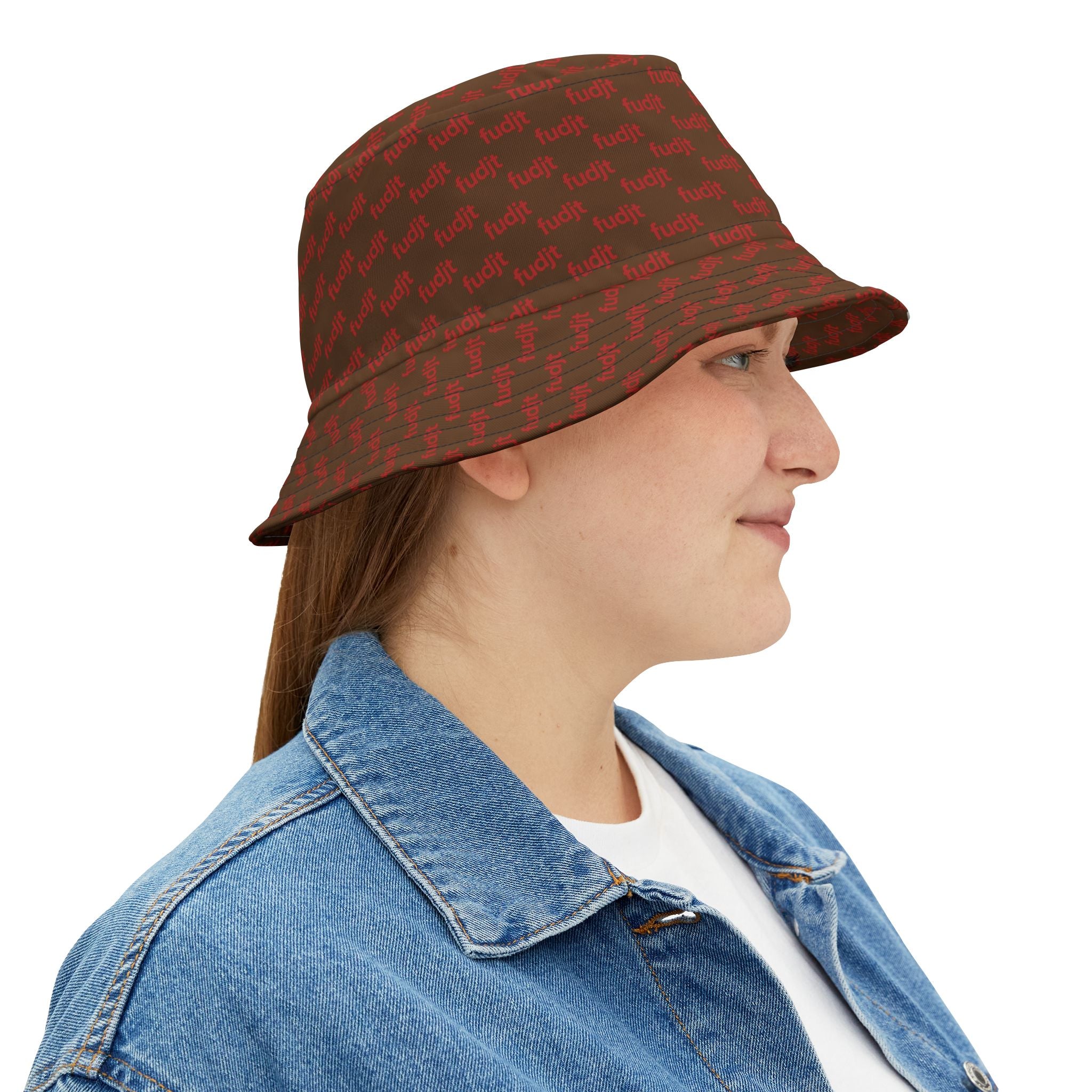 Trendy Red fudjt All Over on Dark Brown Bucket Hat