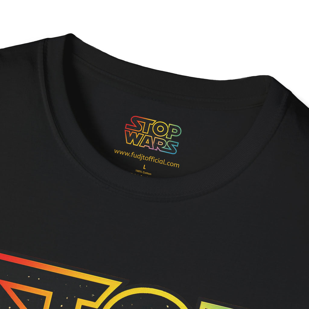 fudjt "STOP WARS" Retro Rainbow Anti-War Everyday Soft & Stylish Tee | Front & Back Graphic, Gold fudjt | 7 Colors