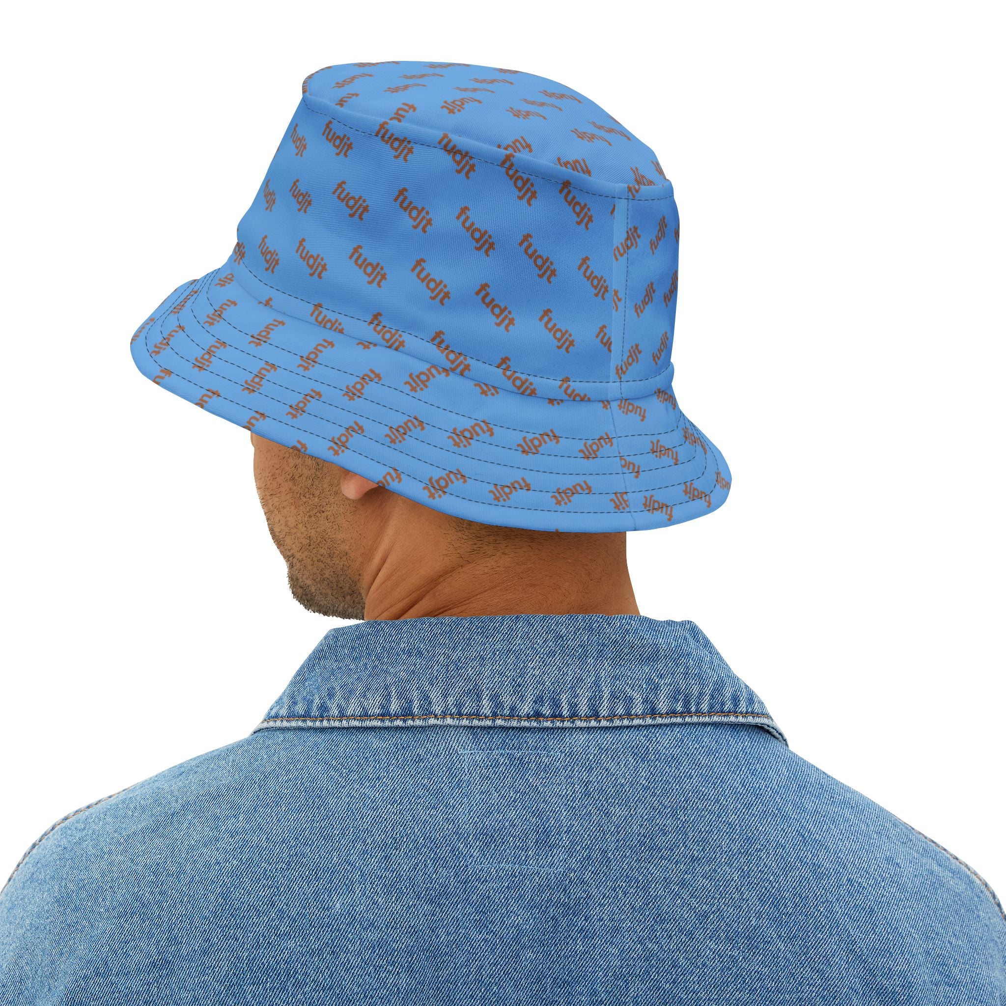 Trendy Brown fudjt All Over on Light Blue Bucket Hat