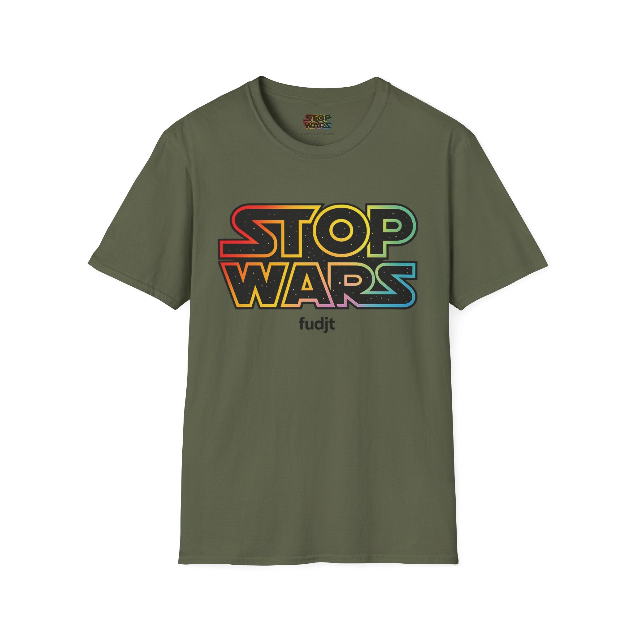 fudjt "STOP WARS" Retro Rainbow Anti-War Everyday Soft & Stylish Tee | Front & Back Graphic, Black fudjt | 7 Colors
