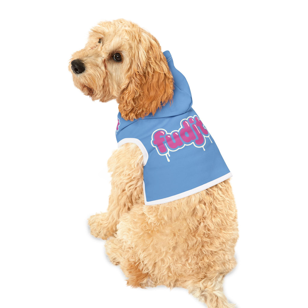 Light Blue fudjt Pet Hoodie with Pink Drip Design