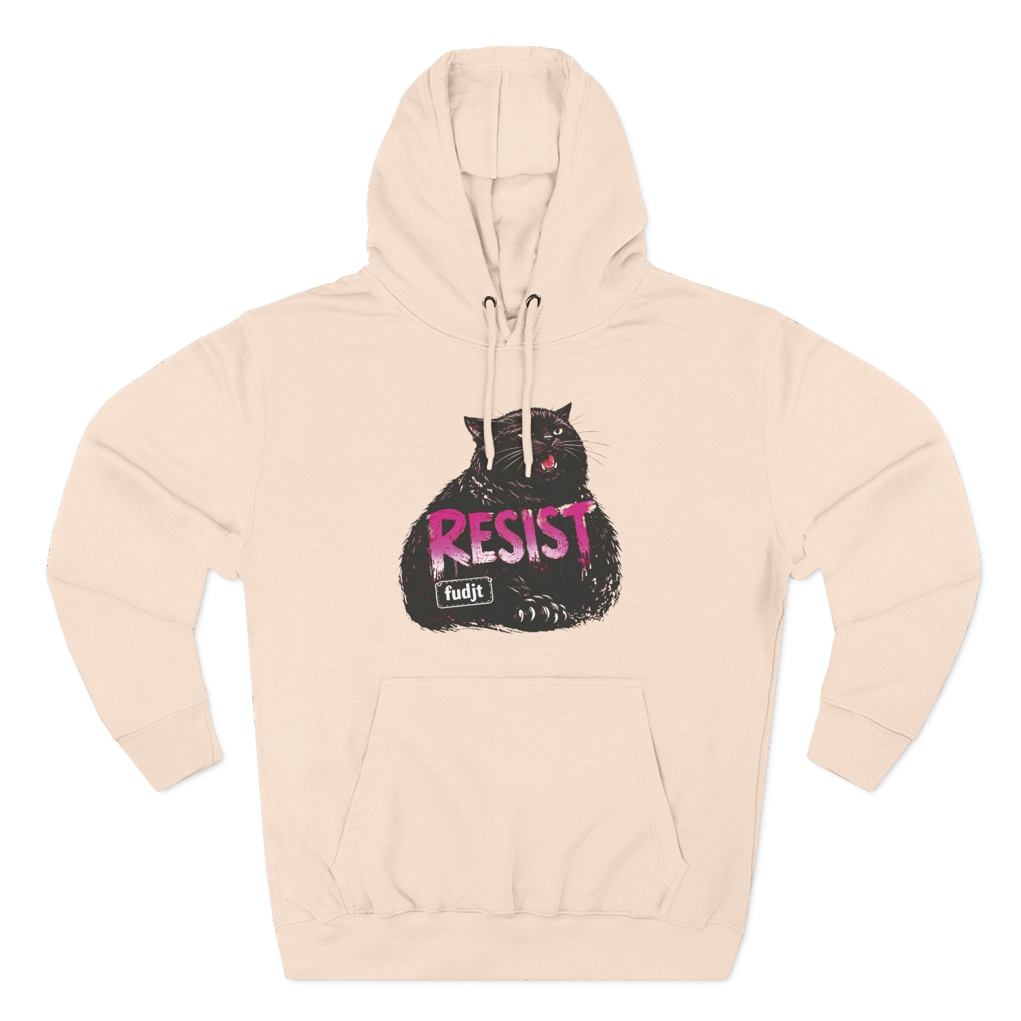 fudjt RESIST Hoodie – Premium Fleece Pullover with Black Pussycat Graphic | 14 Colors