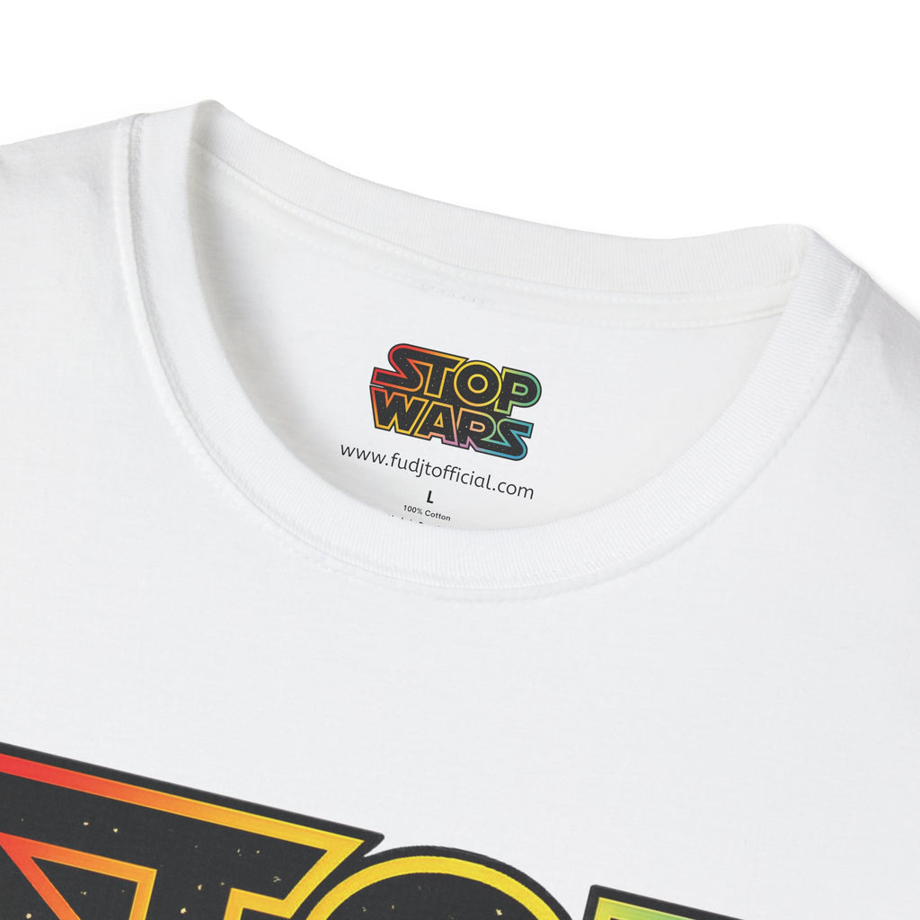 fudjt "STOP WARS" Retro Rainbow Anti-War Everyday Soft & Stylish Tee | Front & Back Graphic, Black fudjt | 7 Colors