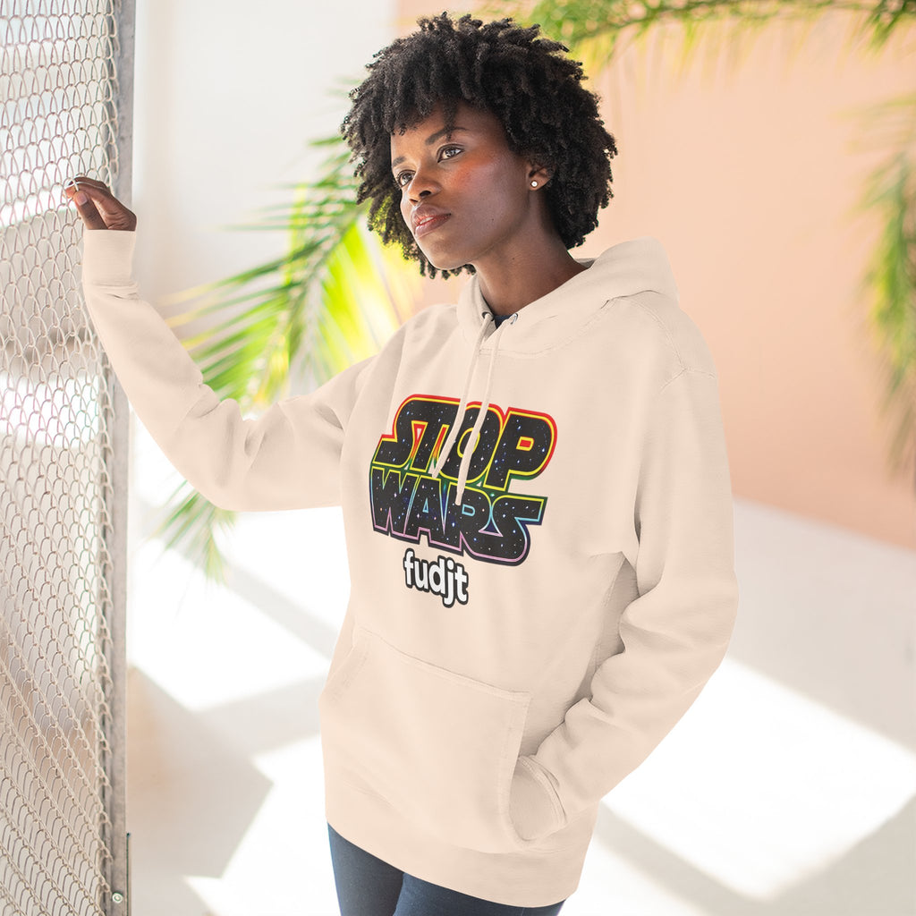 fudjt Stop Wars Hoodie – Premium Fleece Pullover with Retro Protest Graphic, White fudjt | 15 Colors