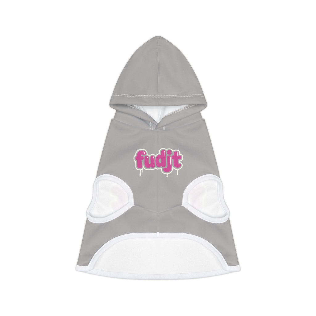 Light Gray fudjt Pet Hoodie with Pink Drip Design