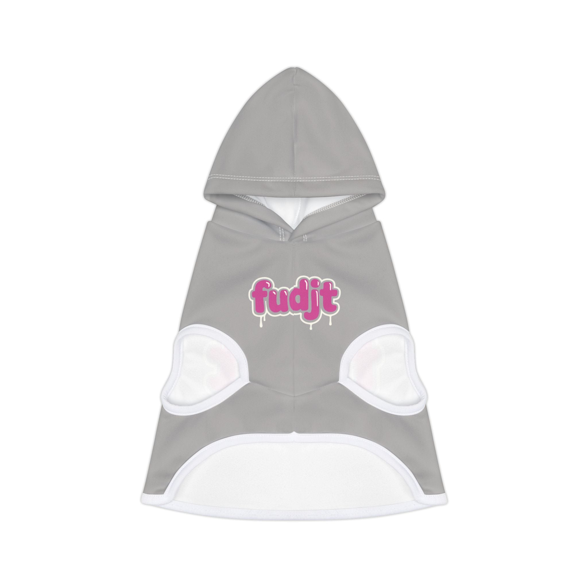 Light Gray fudjt Pet Hoodie with Pink Drip Design