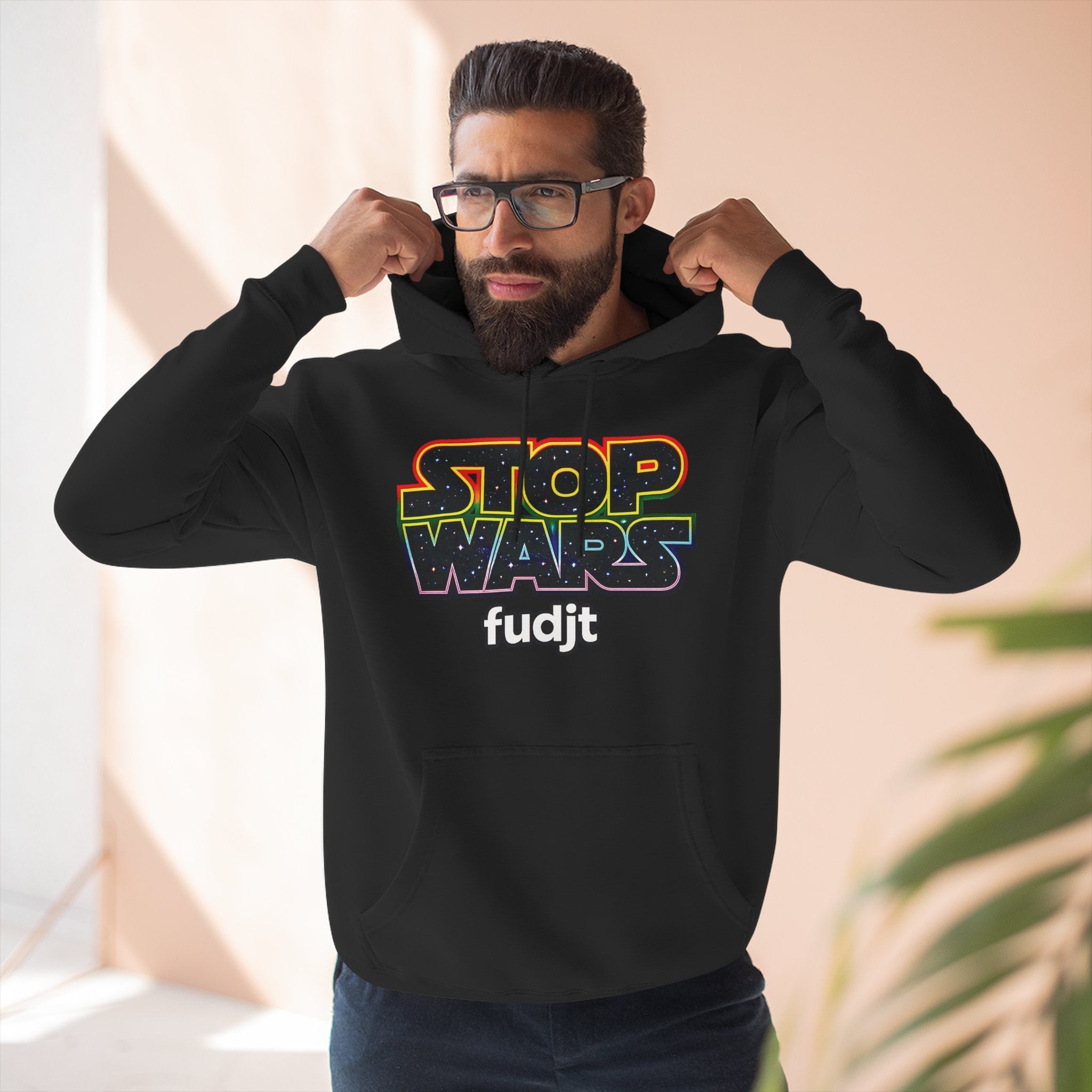 fudjt Stop Wars Hoodie – Premium Fleece Pullover with Retro Protest Graphic, White fudjt | 15 Colors