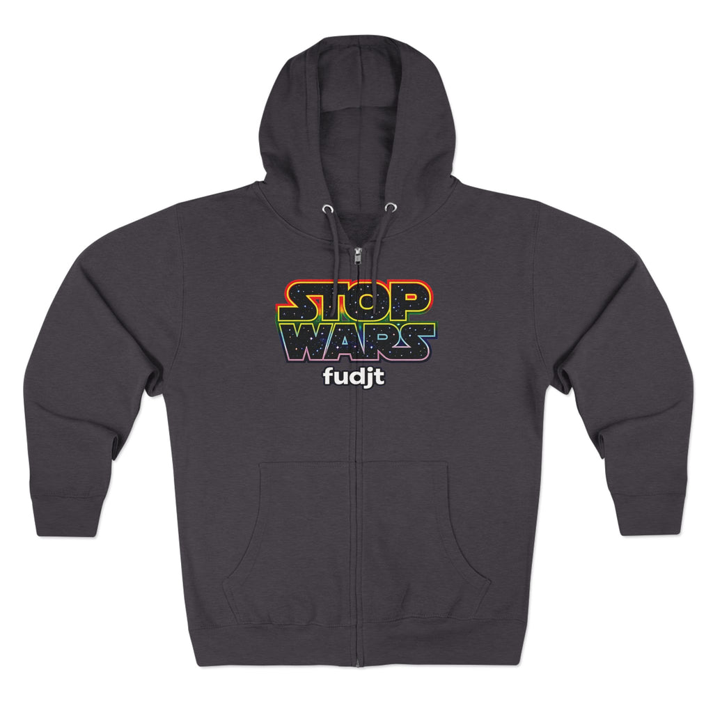 fudjt Stop Wars Zip Hoodie | Front & Back Graphic, White fudjt | 6 Colors