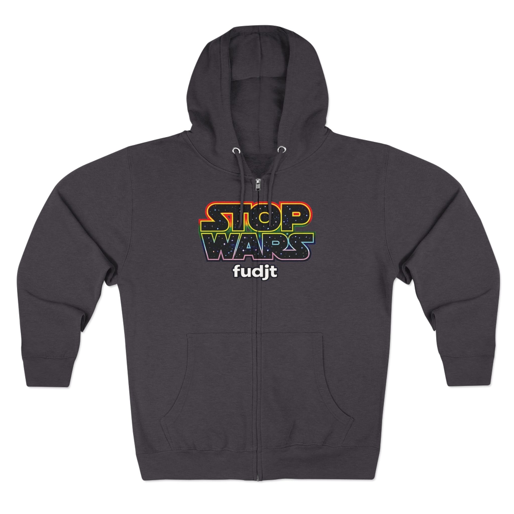 fudjt Stop Wars Zip Hoodie | Front & Back Graphic, White fudjt | 6 Colors
