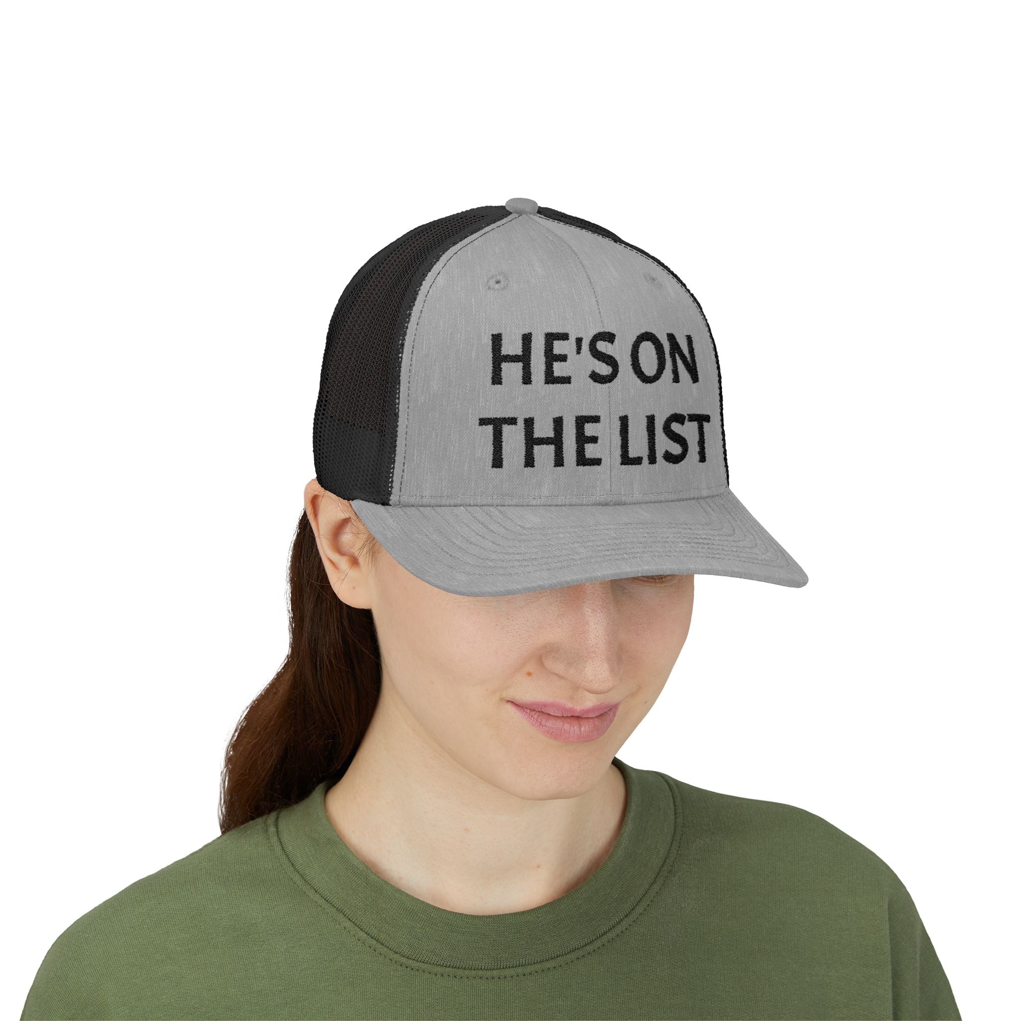 He's On The List | Black Embroidered Fudjt Snapback Trucker Cap in 6 Colors | Trending Now