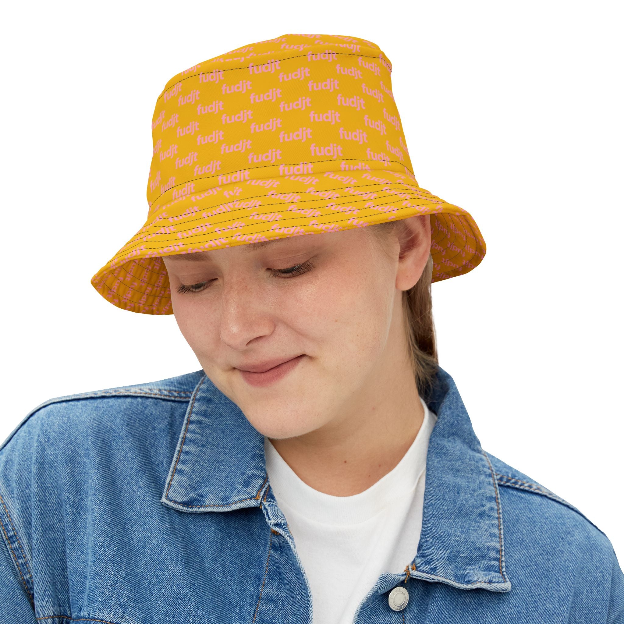 Trendy Pink fudjt All Over on Yellow Bucket Hat
