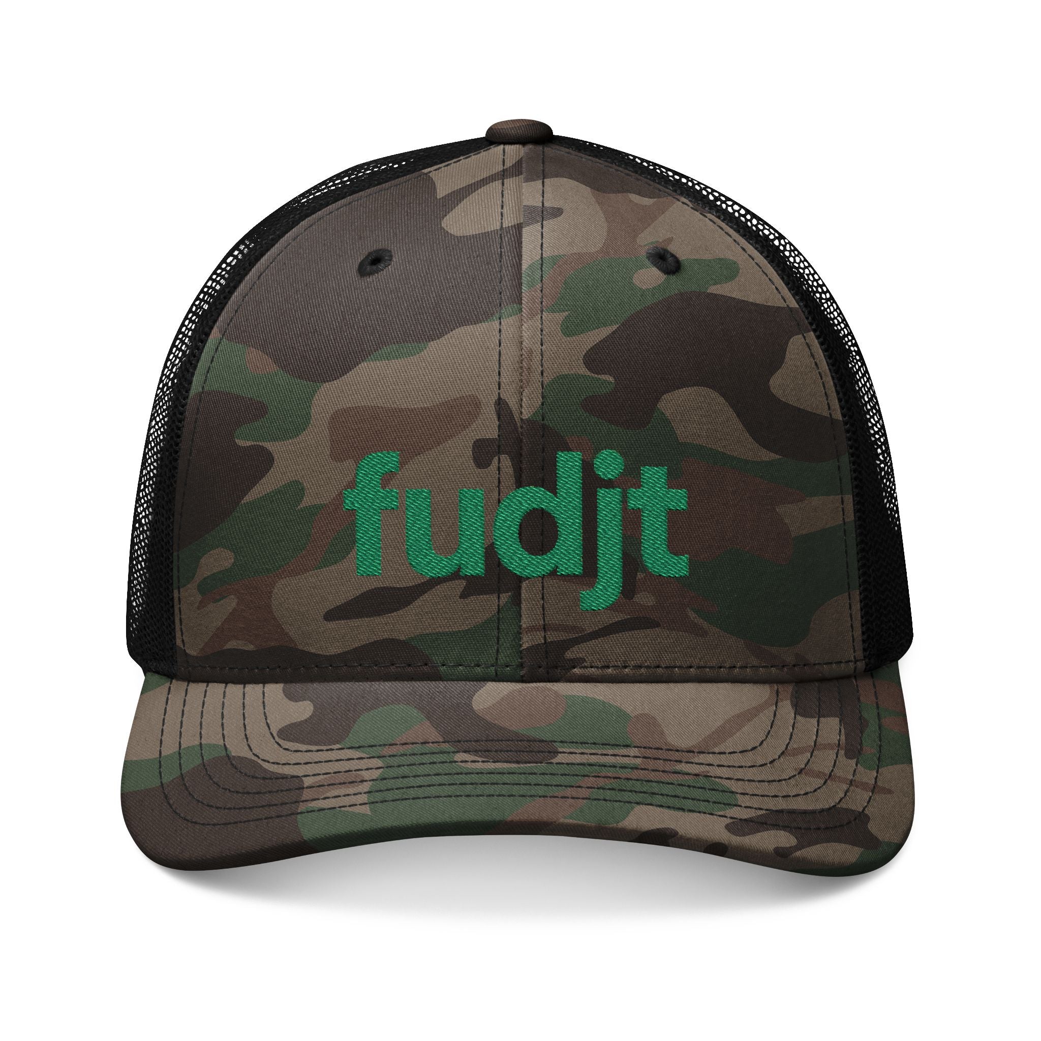 Camouflage Trucker Hat with Green fudjt Logo Embroidery | 3 Colors
