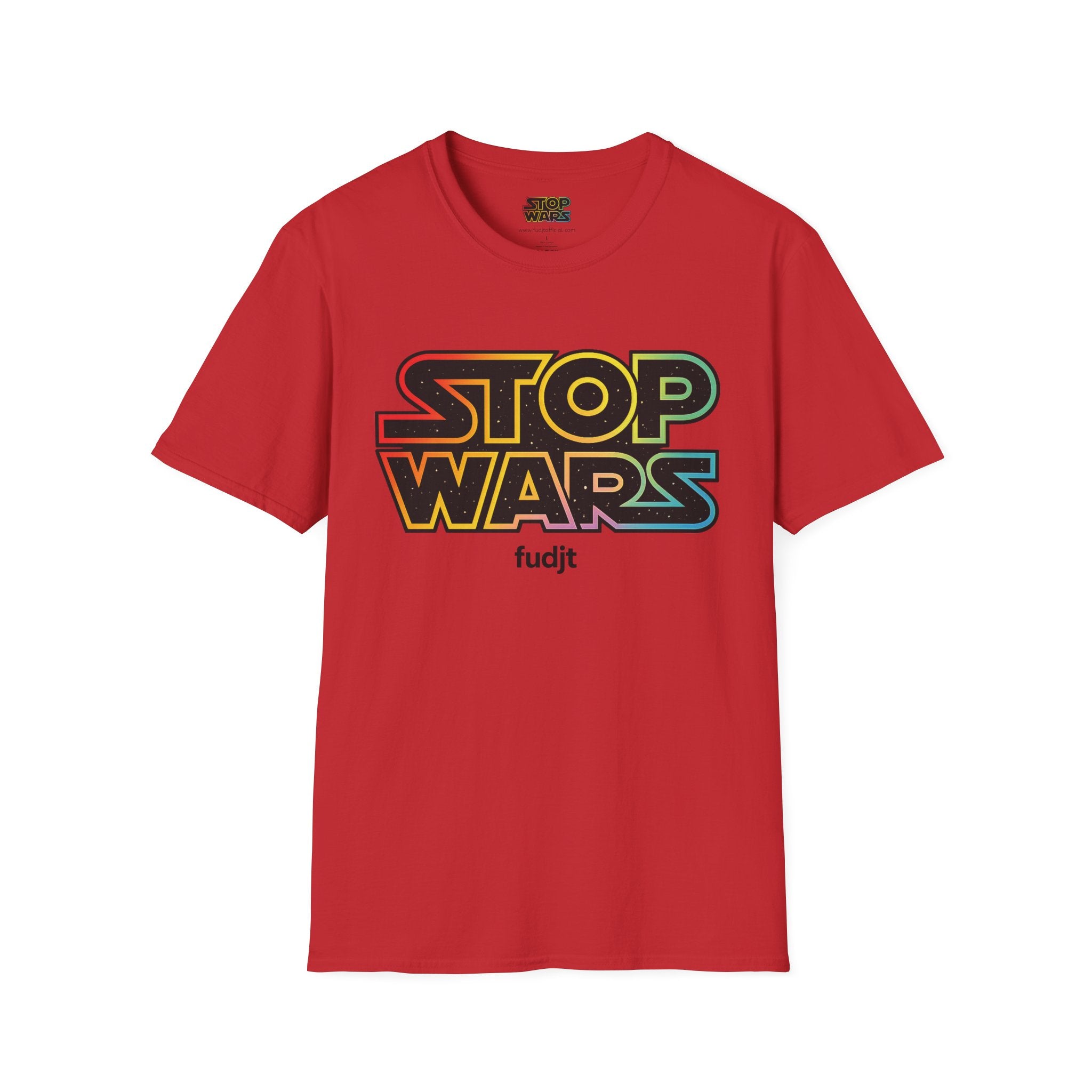 fudjt "STOP WARS" Retro Rainbow Anti-War Everyday Soft & Stylish Tee | Front & Back Graphic, Black fudjt | 7 Colors