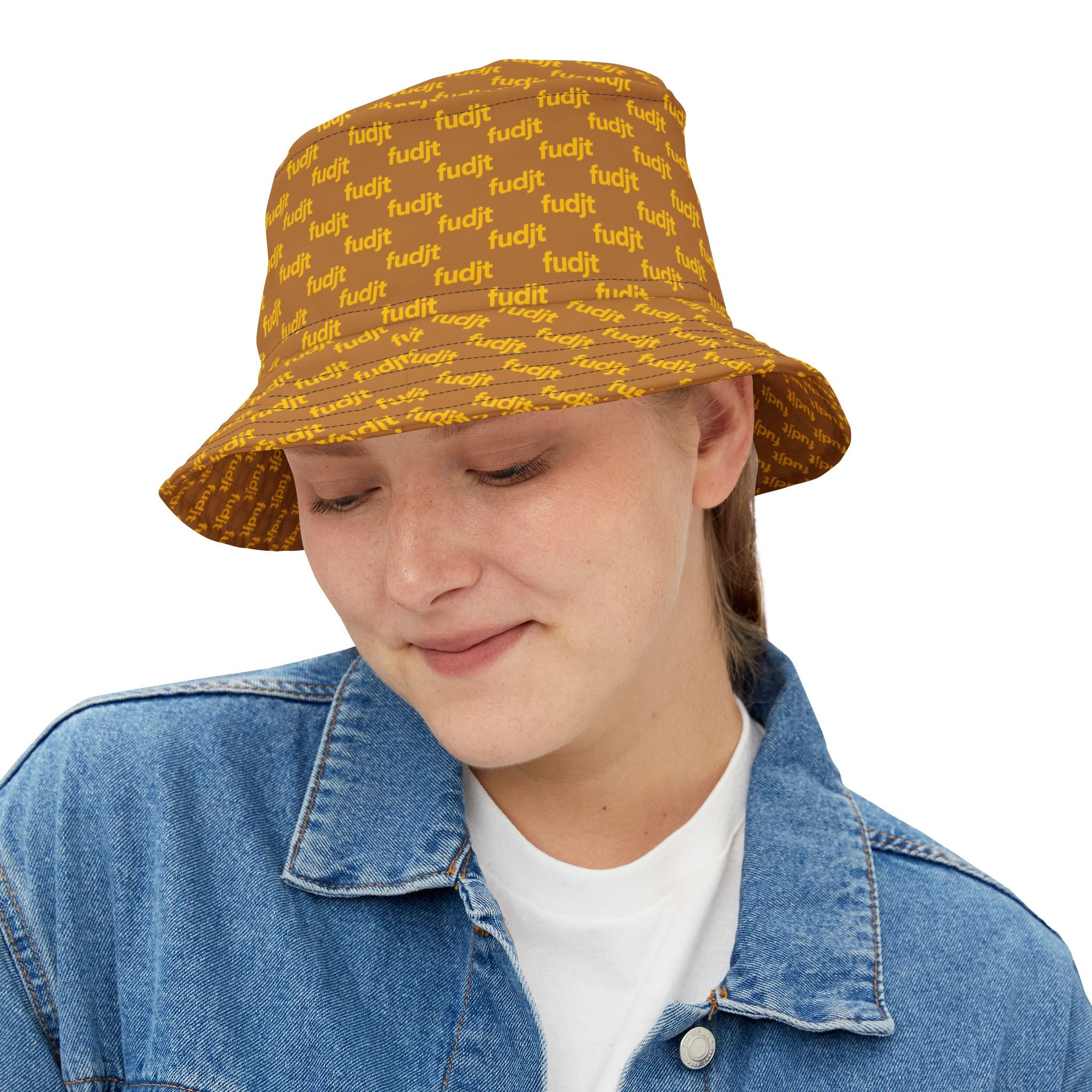 Trendy Yellow fudjt All Over on Light Brown Bucket Hat