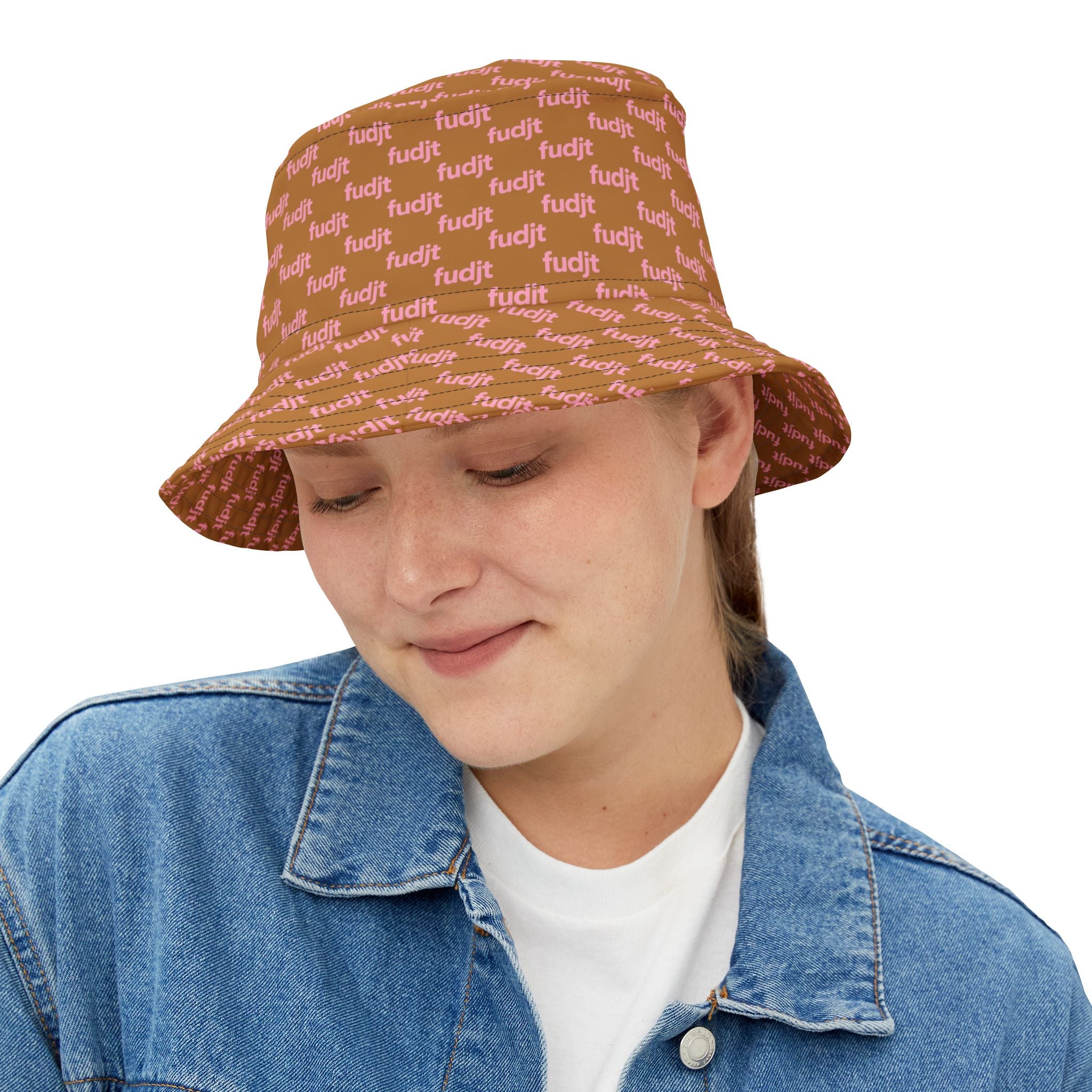 Trendy Pink fudjt All Over on Light Brown Bucket Hat