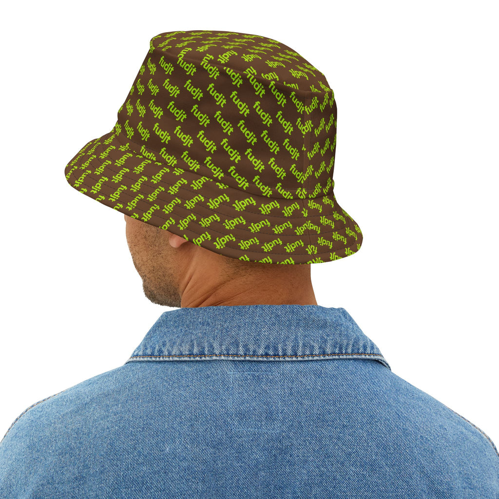 Trendy Lime Green fudjt All Over on Dark Brown Bucket Hat