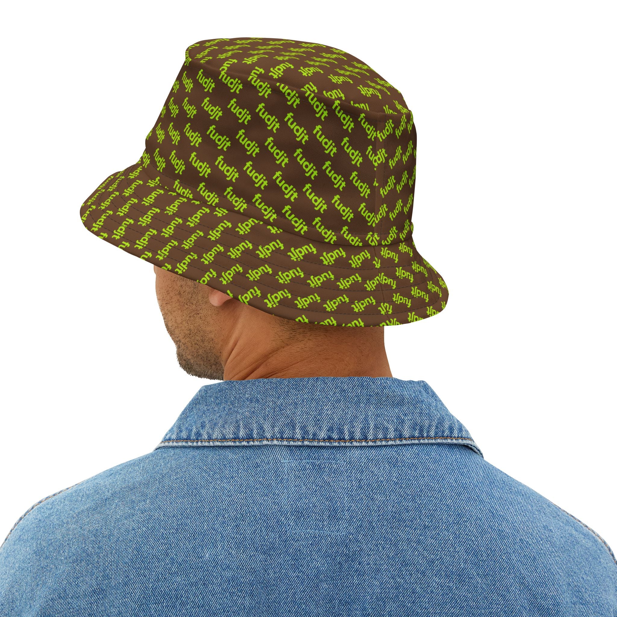 Trendy Lime Green fudjt All Over on Dark Brown Bucket Hat