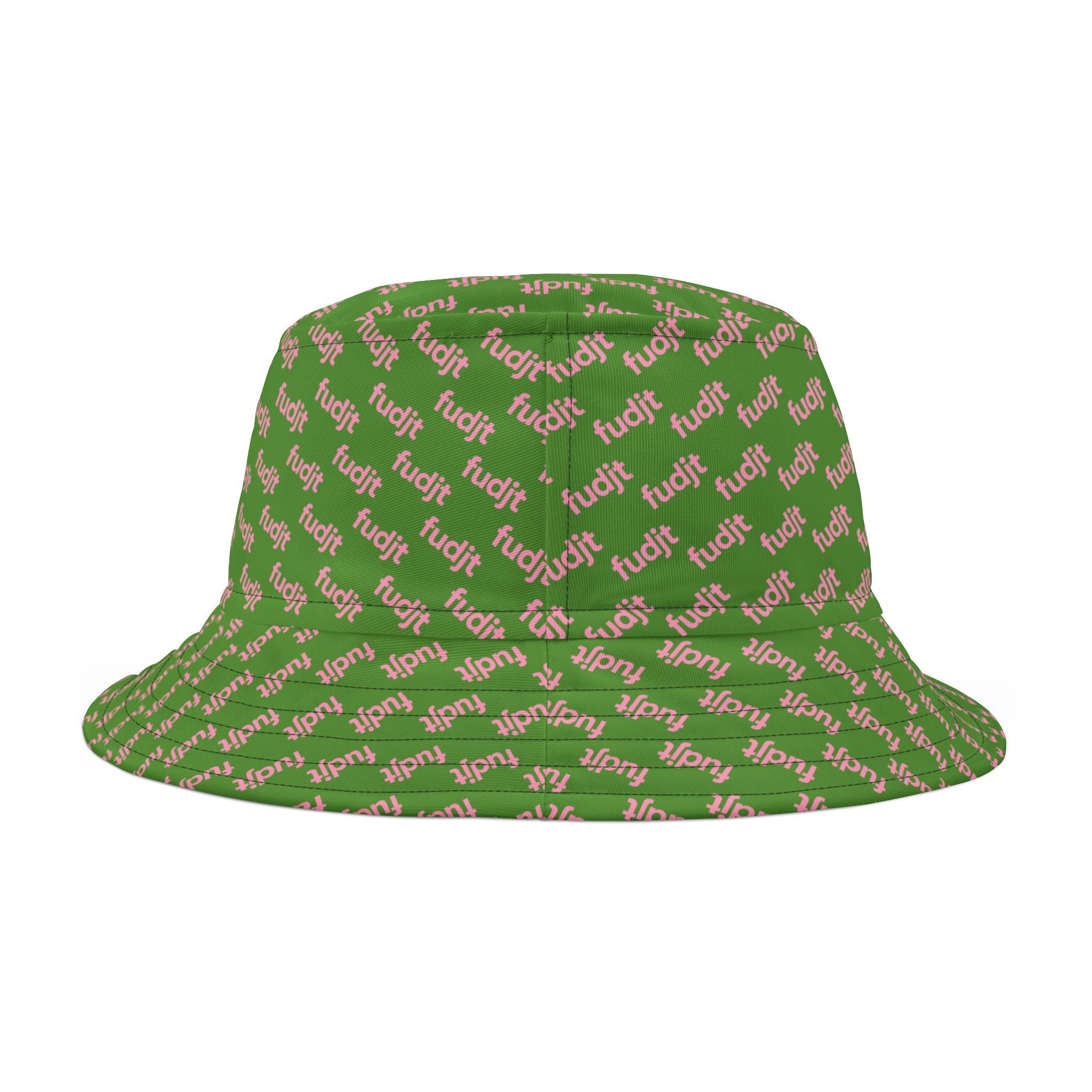Trendy Pink fudjt All Over on Green Bucket Hat