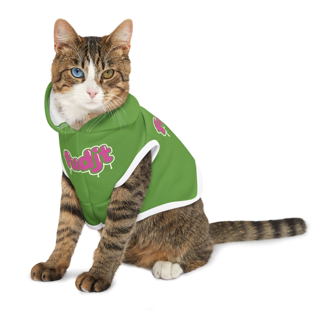 Green fudjt Pet Hoodie with Pink Drip Design