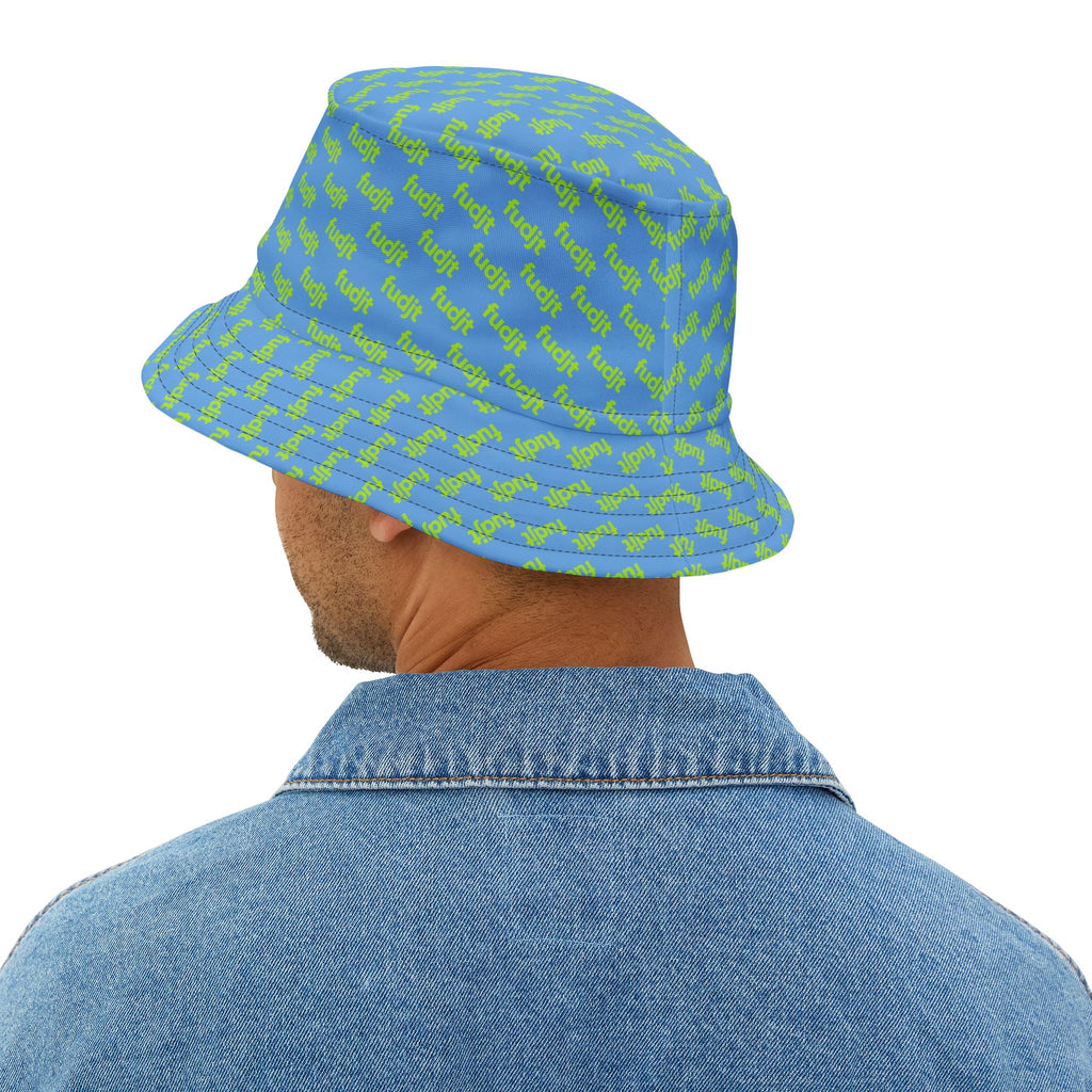 Trendy Lime Green fudjt All Over on Light Blue Bucket Hat