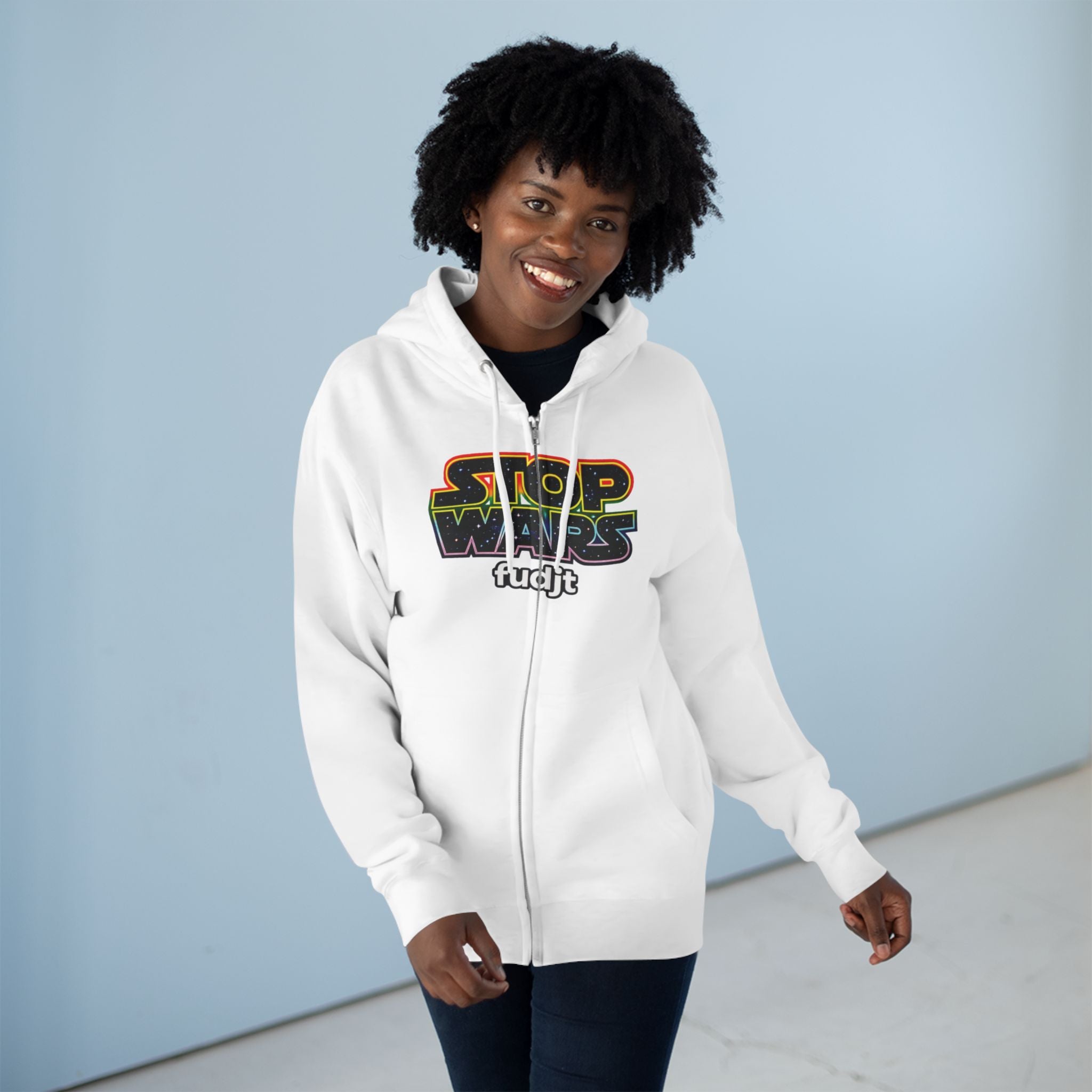 fudjt Stop Wars Zip Hoodie | Front & Back Graphic, White fudjt | 6 Colors