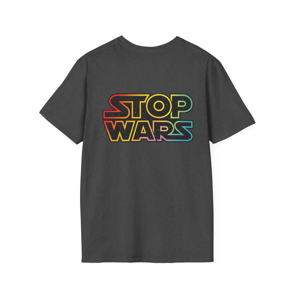 fudjt "STOP WARS" Retro Rainbow Anti-War Everyday Soft & Stylish Tee | Front & Back Graphic, Gold fudjt | 7 Colors