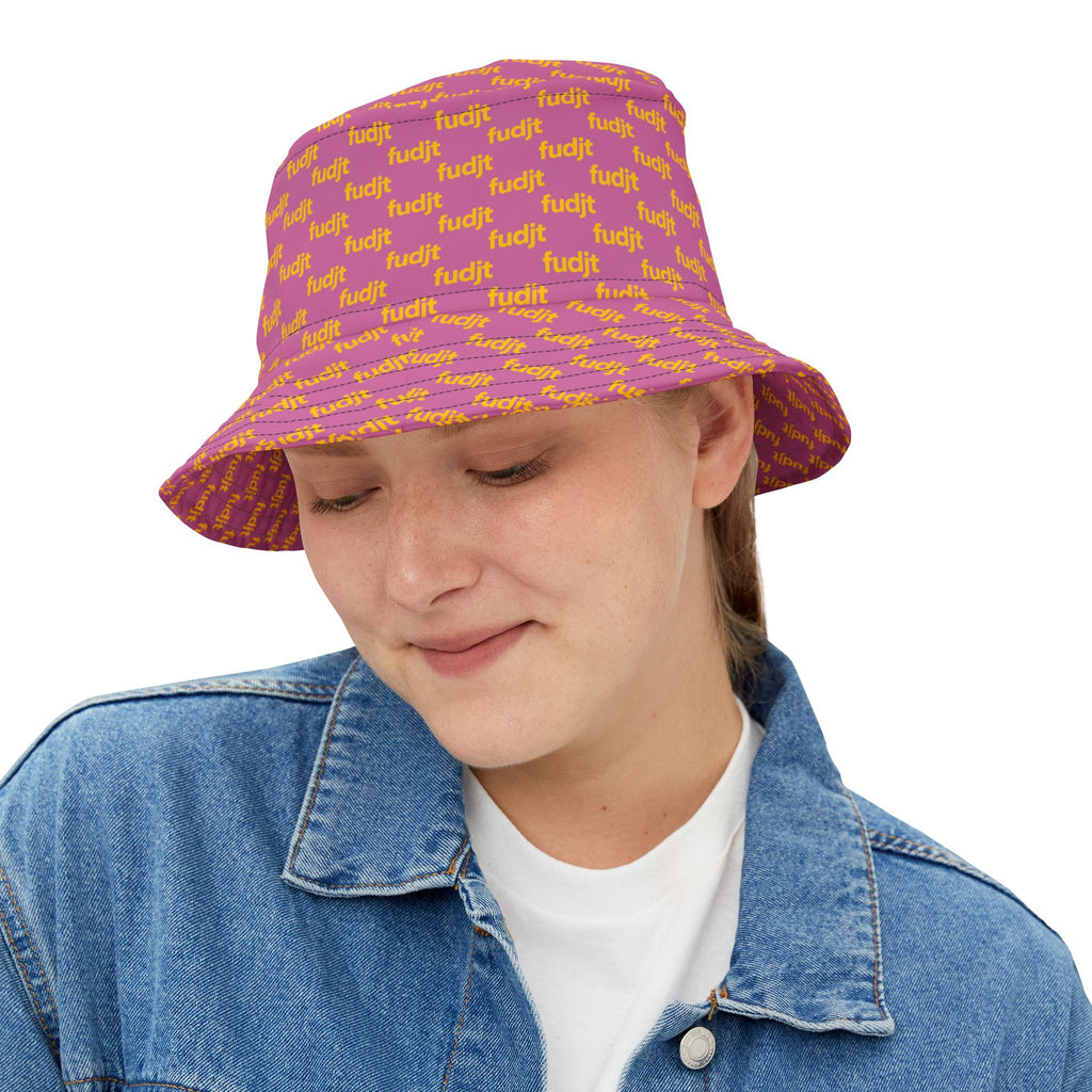 Trendy Yellow fudjt All Over on Light Pink Bucket Hat