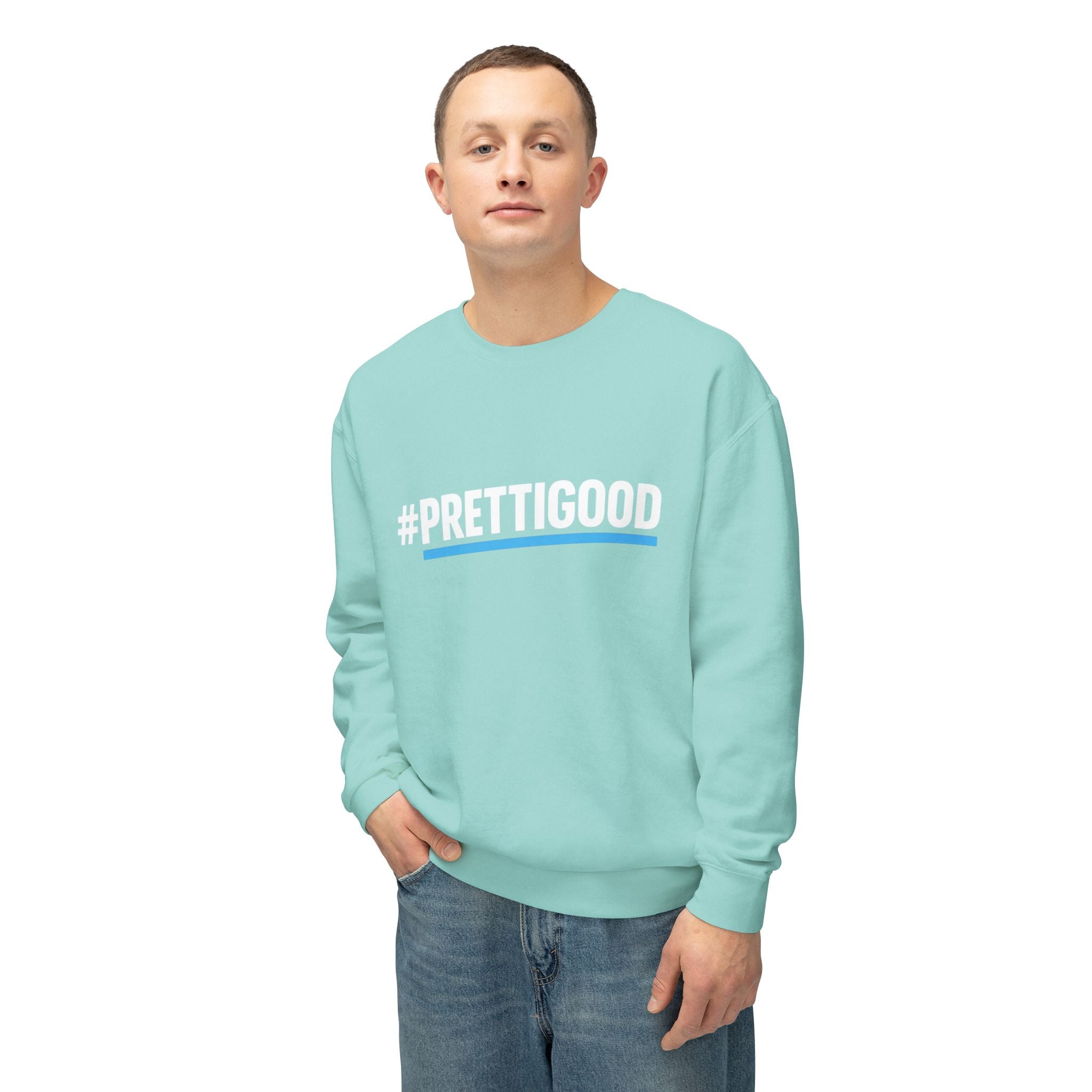 #PrettiGood Crewneck Sweatshirt — Blue Star Graphic Backside, Premium Casual Pullover | 7 Colors