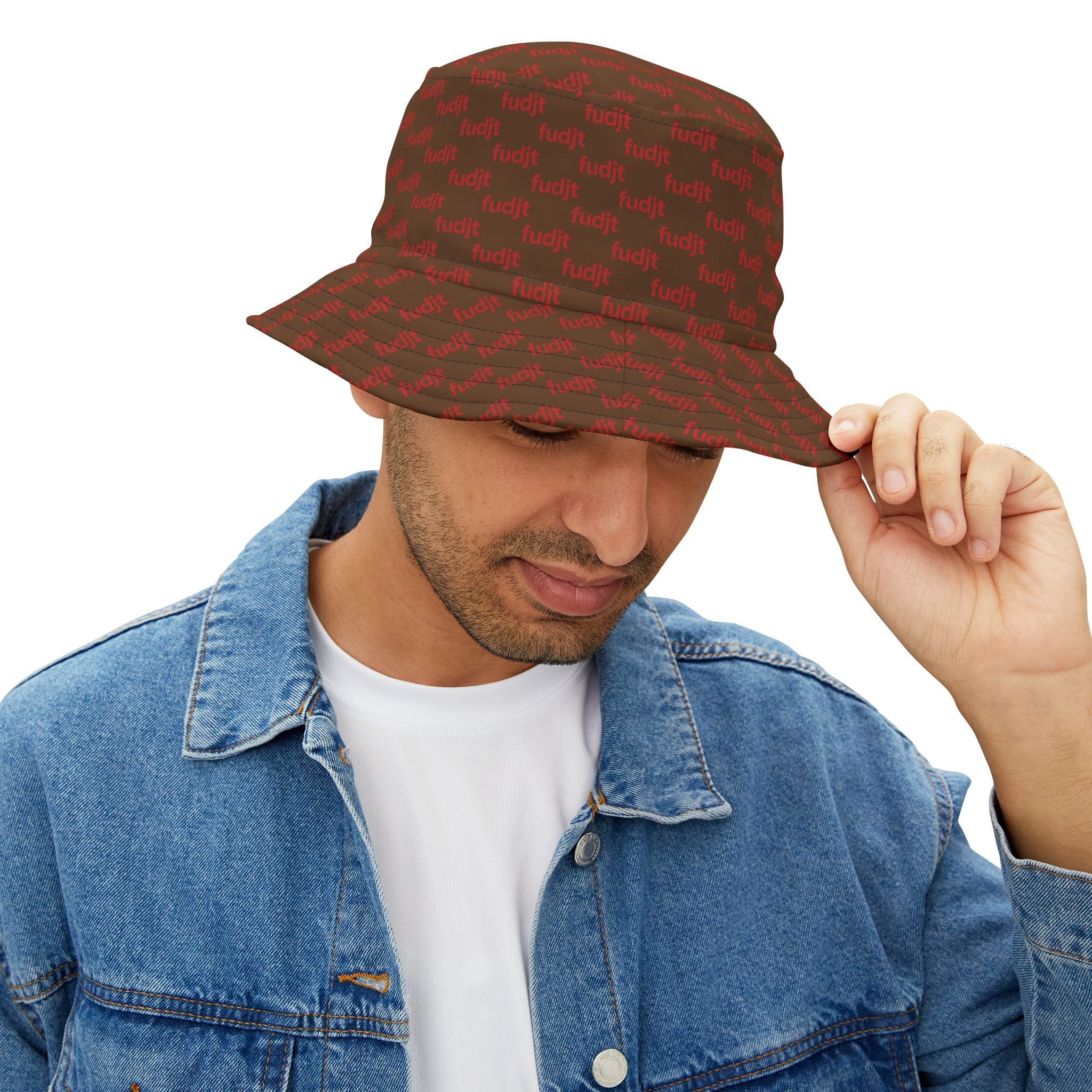 Trendy Red fudjt All Over on Dark Brown Bucket Hat