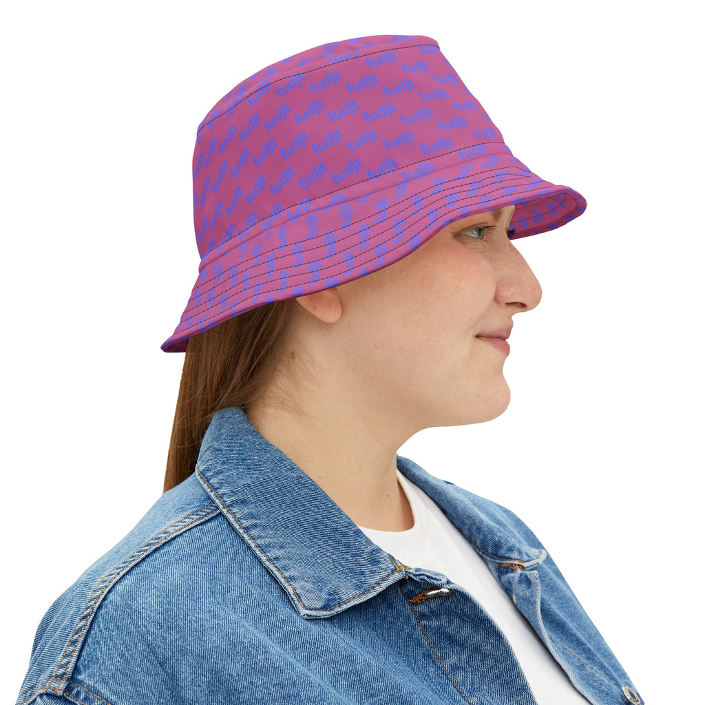 Trendy Light Blue fudjt All Over on Light Pink Bucket Hat