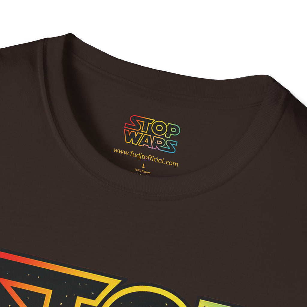 fudjt "STOP WARS" Retro Rainbow Anti-War Everyday Soft & Stylish Tee | Front & Back Graphic, Gold fudjt | 7 Colors