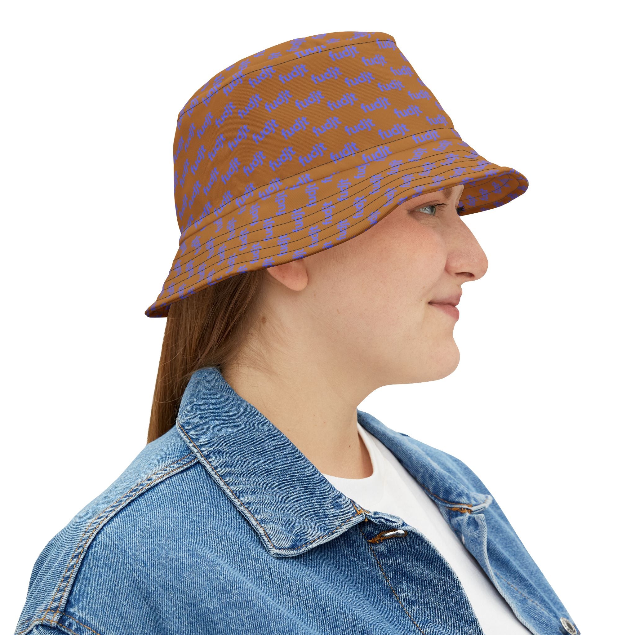 Trendy Light Blue fudjt All Over on Brown Bucket Hat