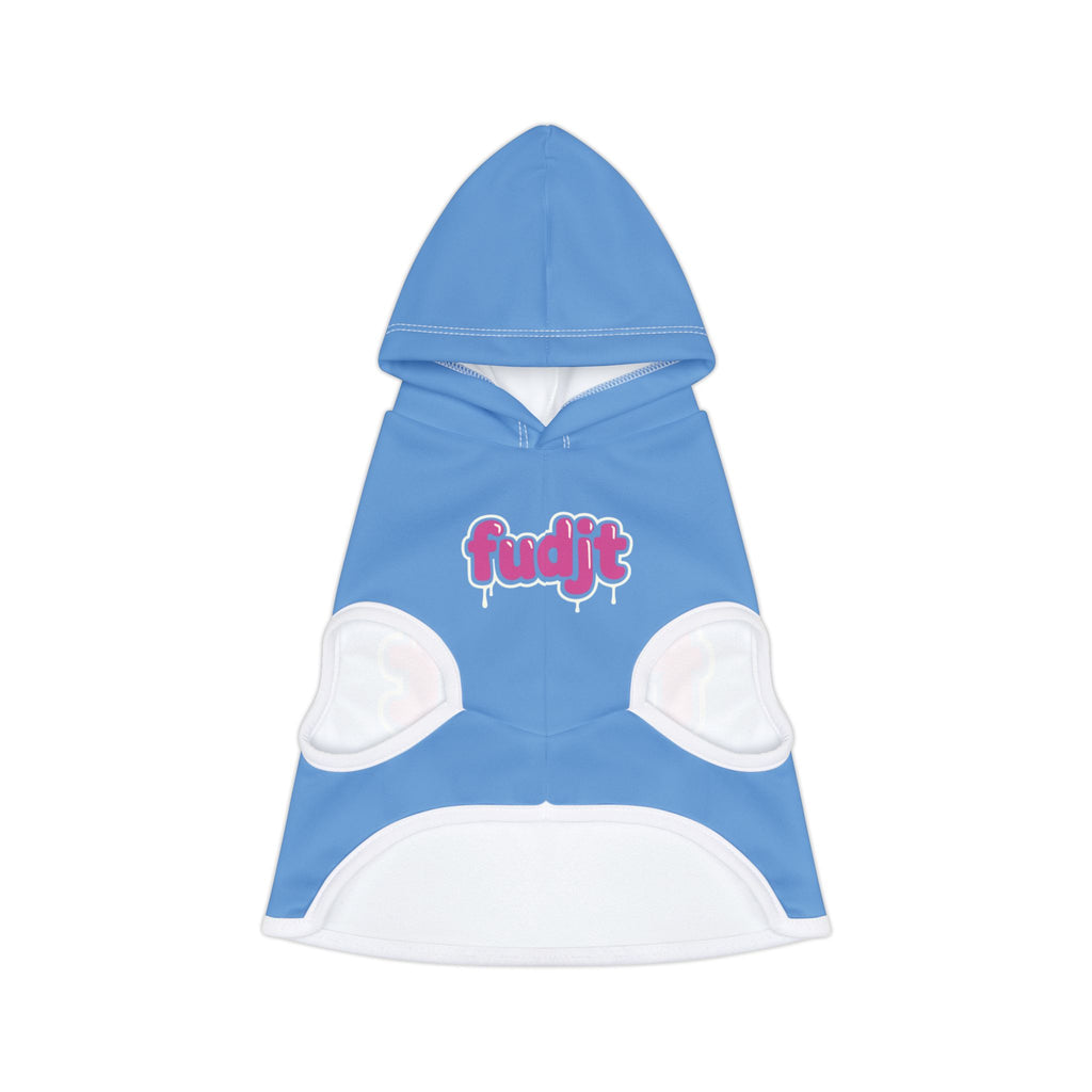 Light Blue fudjt Pet Hoodie with Pink Drip Design