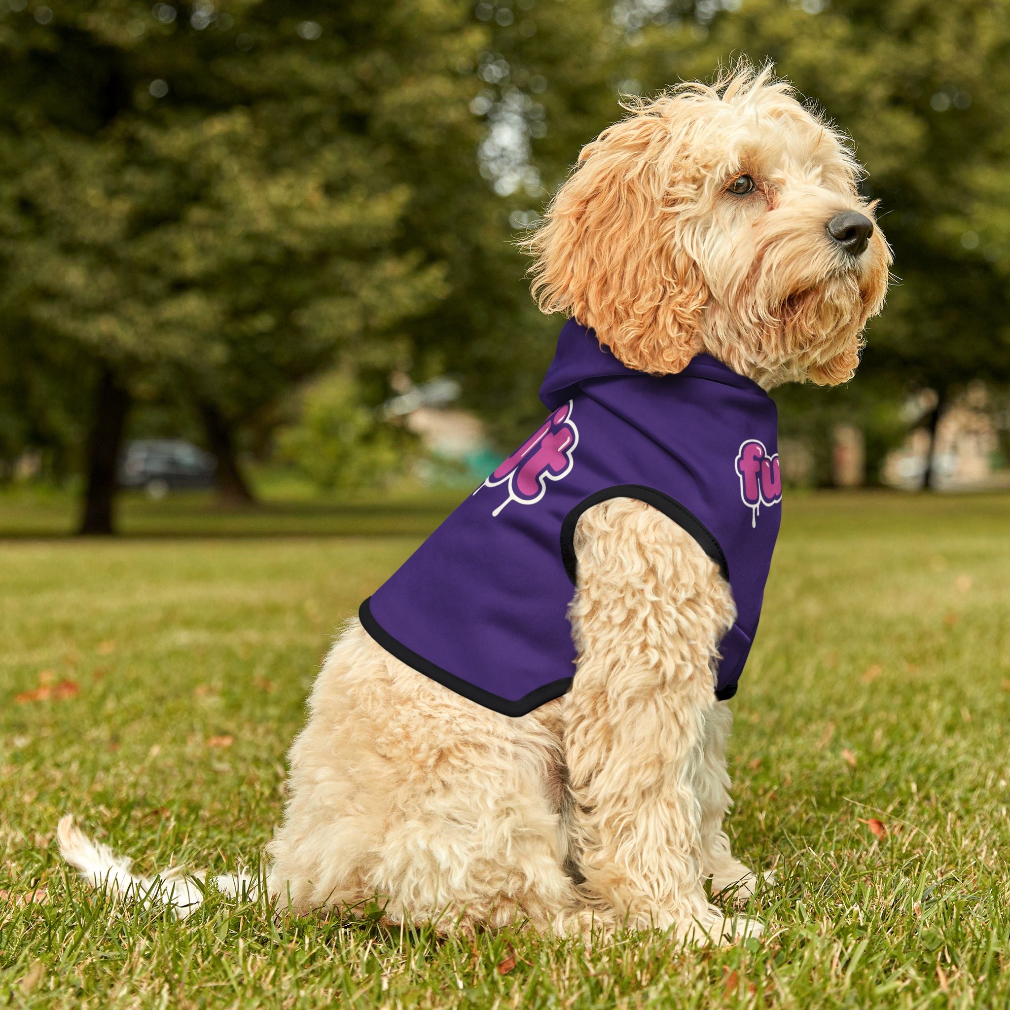 Purple fudjt Pet Hoodie with Pink Drip Design