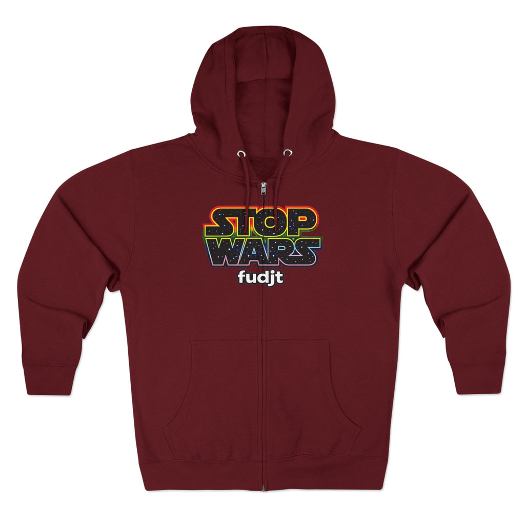 fudjt Stop Wars Zip Hoodie | Front & Back Graphic, White fudjt | 6 Colors