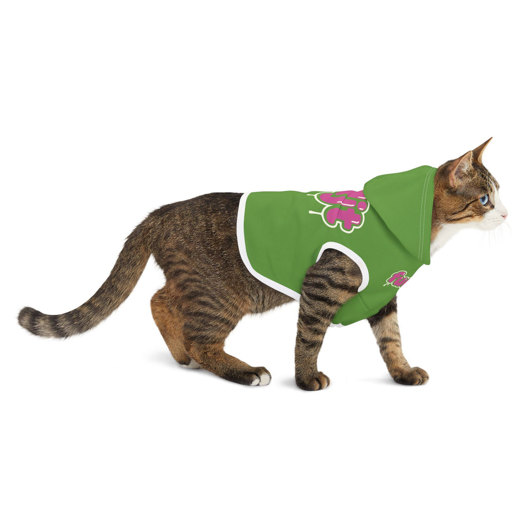 Green fudjt Pet Hoodie with Pink Drip Design
