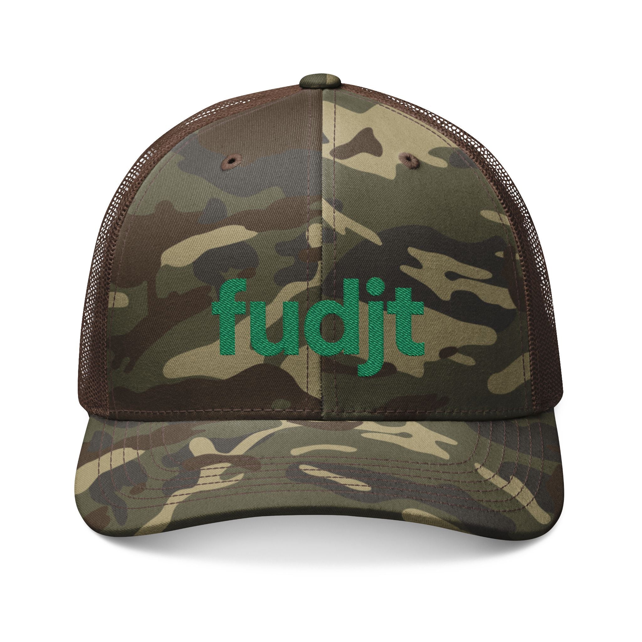 Camouflage Trucker Hat with Green fudjt Logo Embroidery | 3 Colors