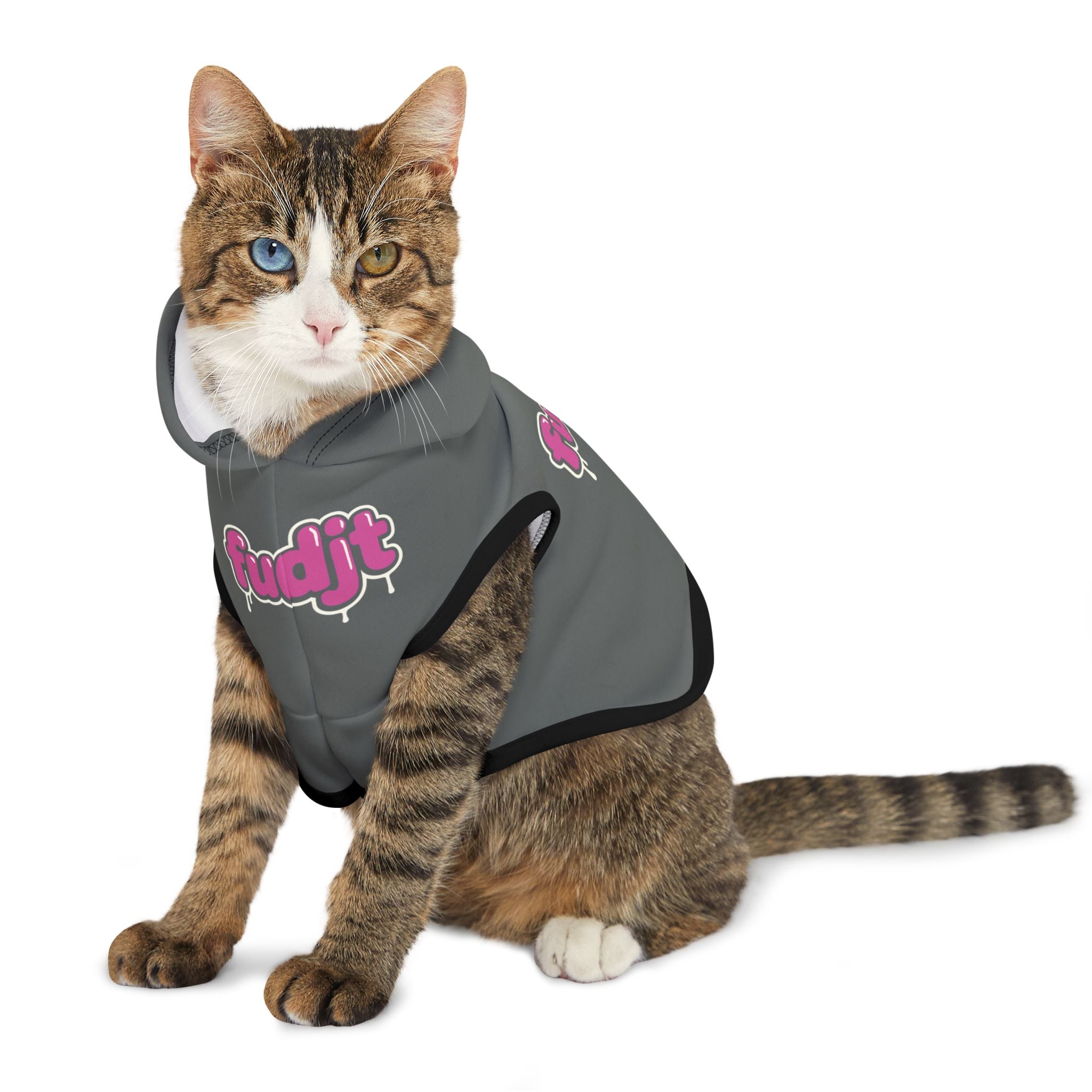 Dark Gray fudjt Pet Hoodie with Pink Drip Design