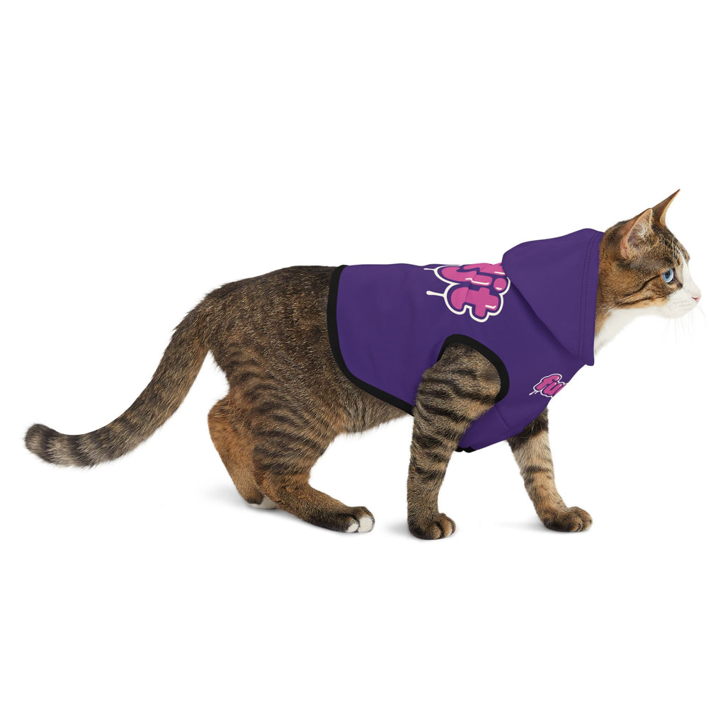 Purple fudjt Pet Hoodie with Pink Drip Design