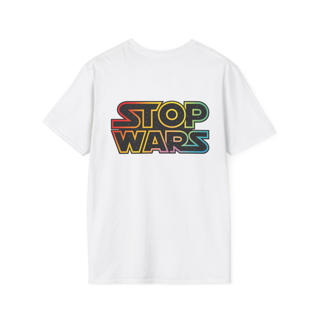 fudjt "STOP WARS" Retro Rainbow Anti-War Everyday Soft & Stylish Tee | Front & Back Graphic, Black fudjt | 7 Colors