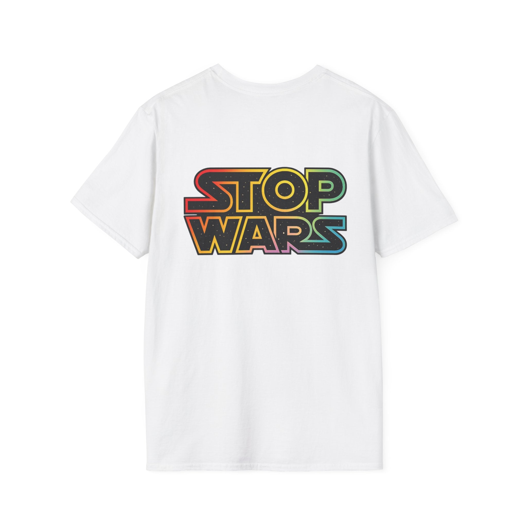 fudjt "STOP WARS" Retro Rainbow Anti-War Everyday Soft & Stylish Tee | Front & Back Graphic, Black fudjt | 7 Colors