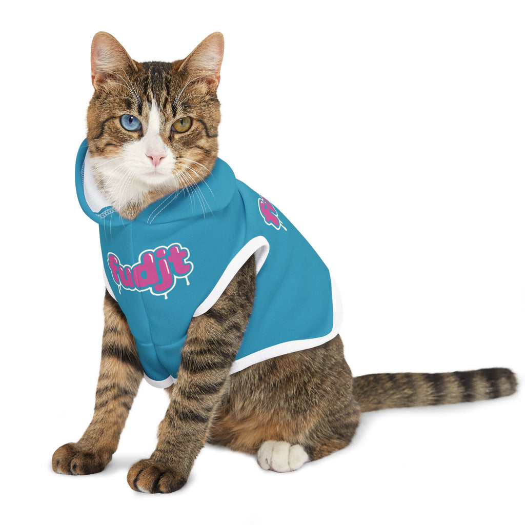 Turquoise fudjt Pet Hoodie with Pink Drip Design