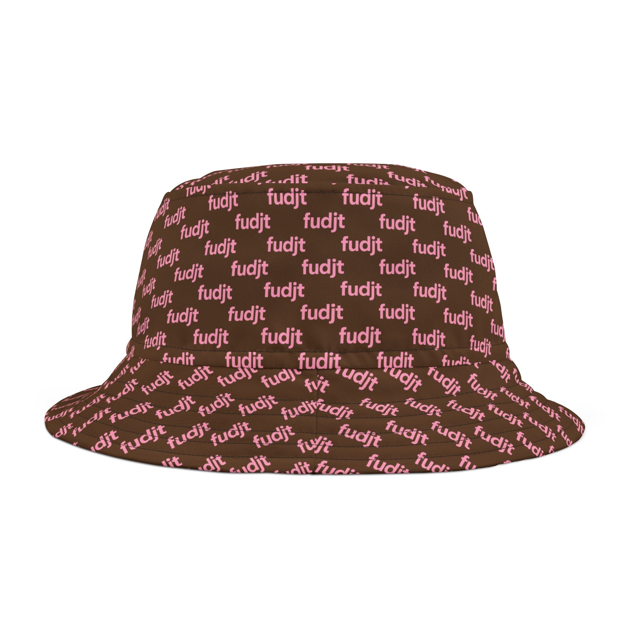 Trendy Pink fudjt All Over on Dark Brown Bucket Hat