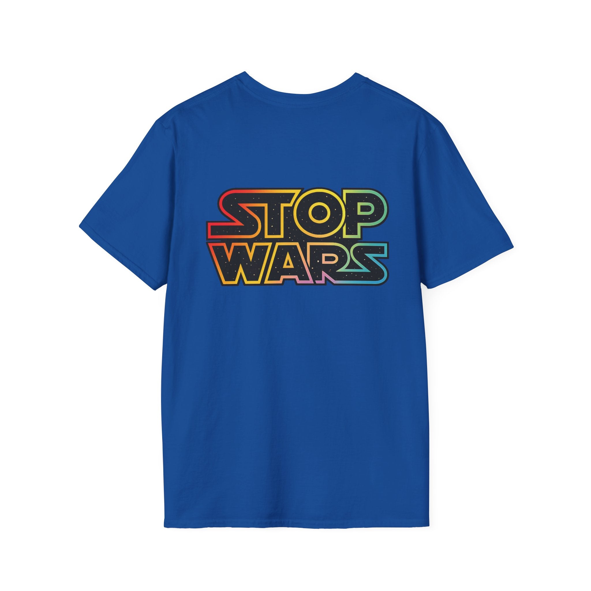 fudjt "STOP WARS" Retro Rainbow Anti-War Everyday Soft & Stylish Tee | Front & Back Graphic, Black fudjt | 7 Colors