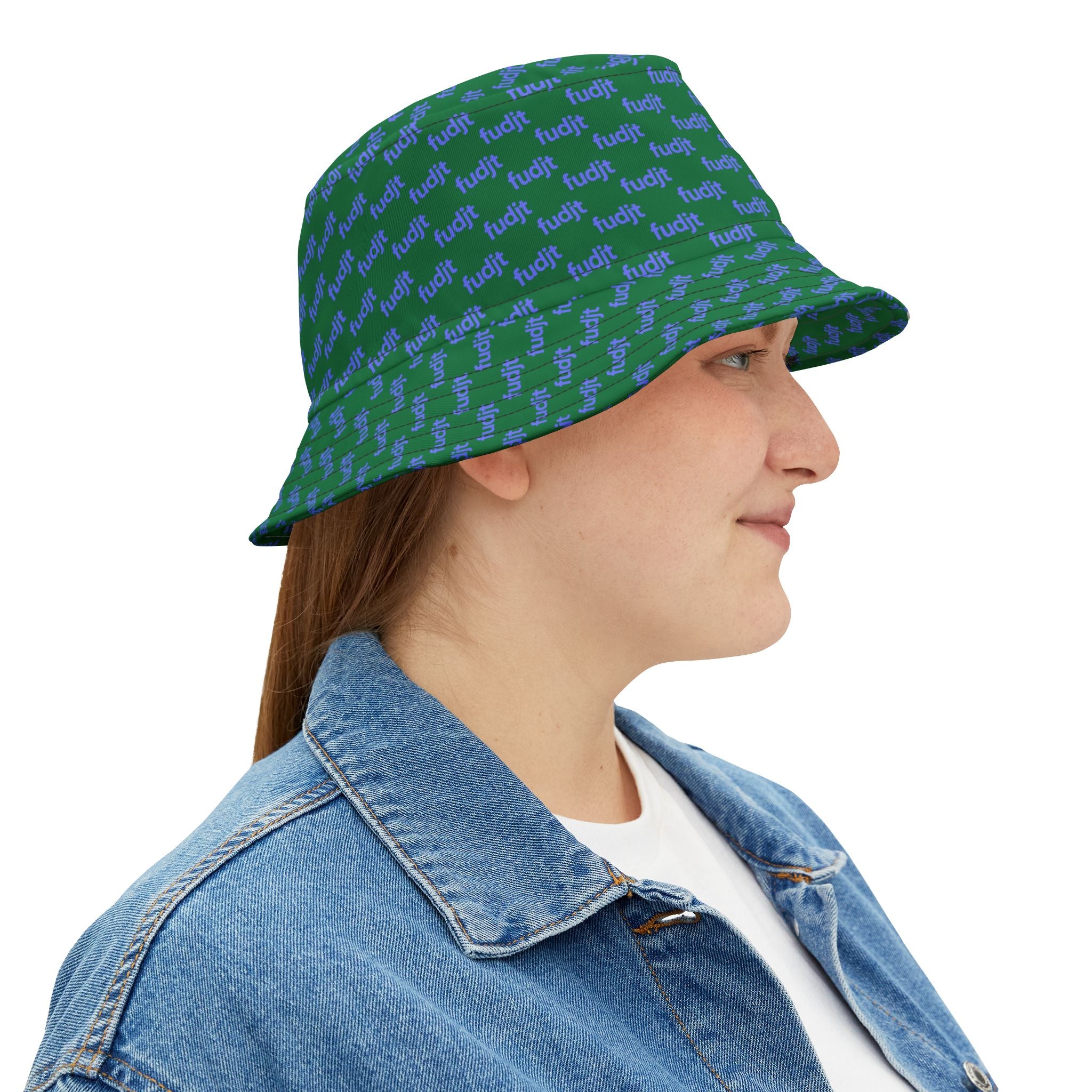 Trendy Light Blue fudjt All Over on Dark Green Bucket Hat