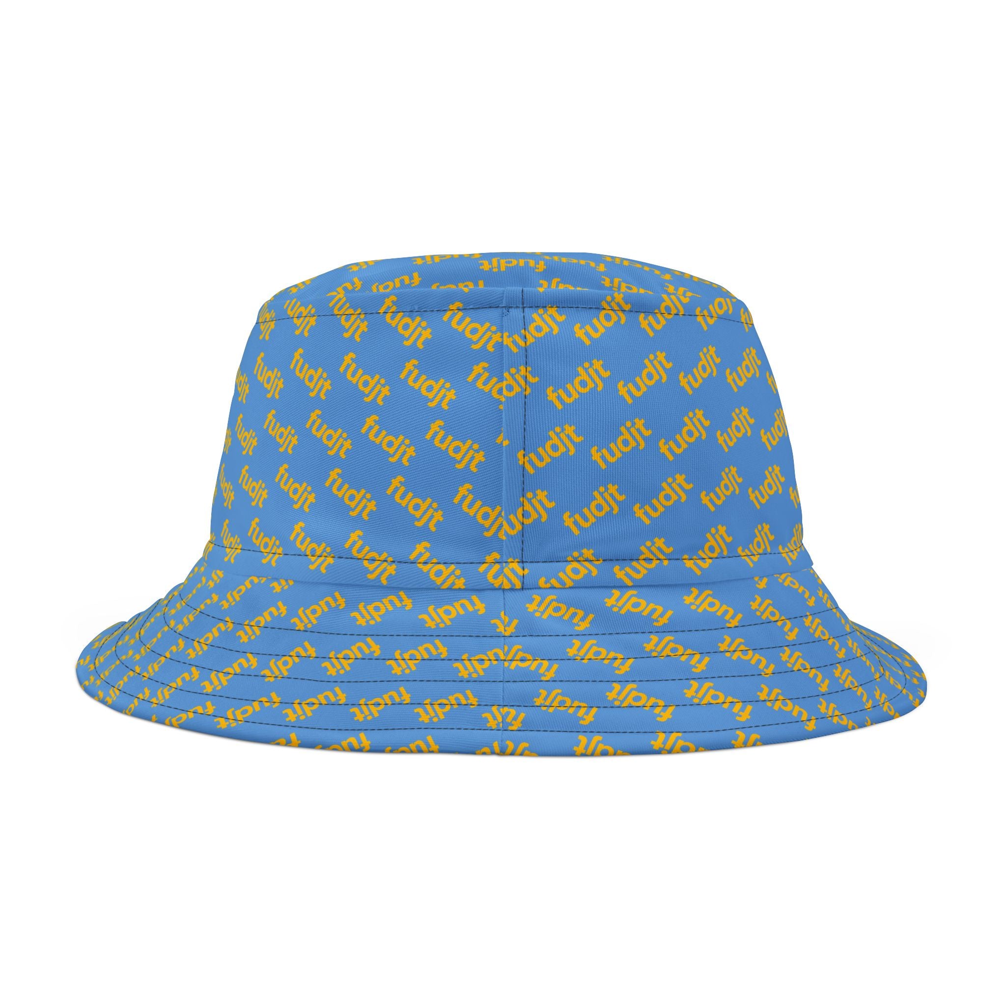 Trendy Yellow fudjt All Over on Light Blue Bucket Hat